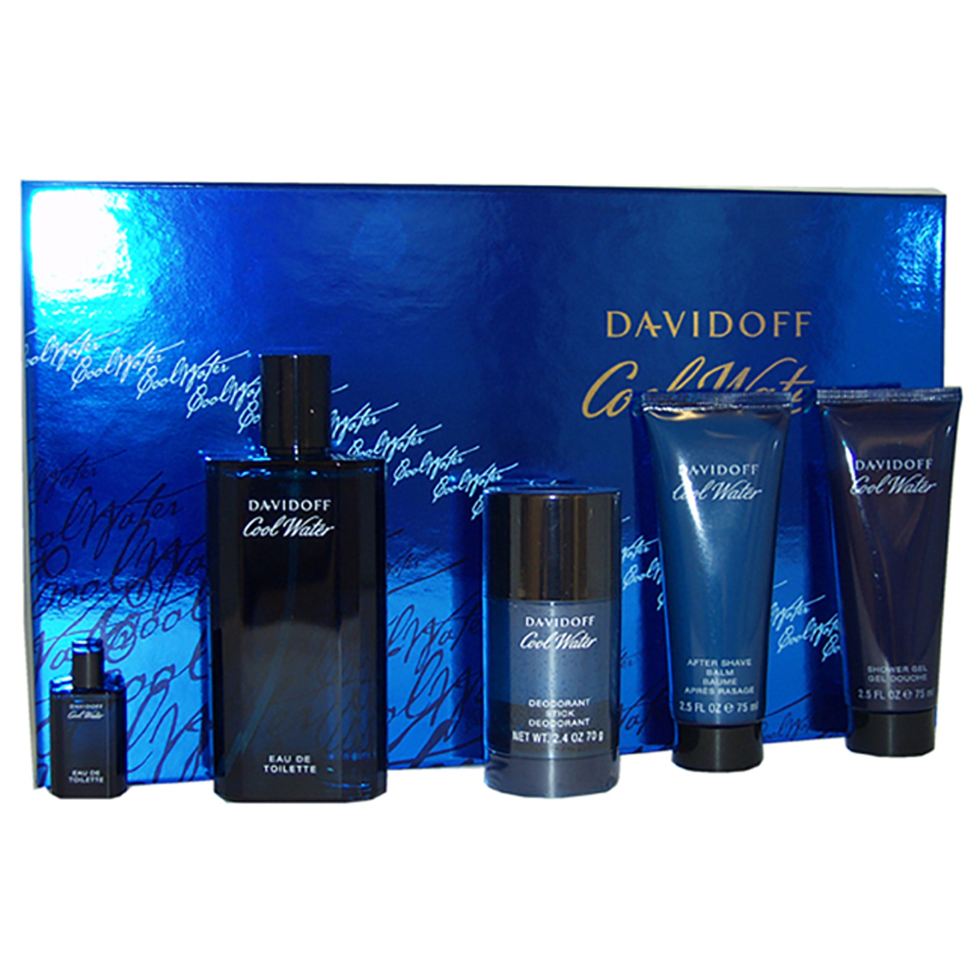 Cool Water by Davidoff for Men - 5 Pc Gift Set 4.2oz EDT Spray, 5ml EDT Splash (Mini), 2.5oz After Shave Balm, 2.5oz Shower Gel, 2.4oz Deodorant Stick