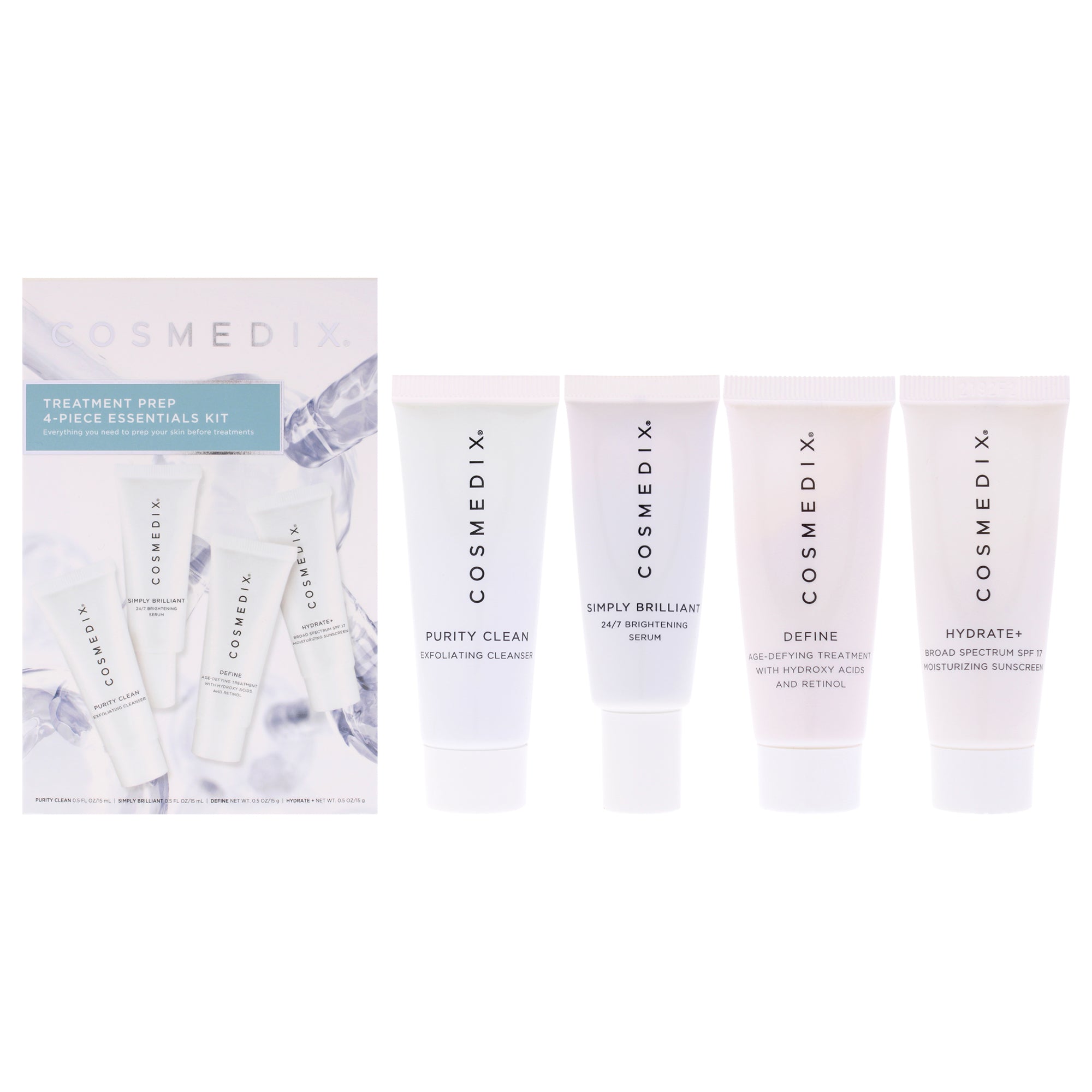Treatment Prep Essentials Kit by Cosmedix for Unisex - 4 Pc 0.5oz Purity Clean Exfoliating Cleanser, 0.5oz Simply Brilliant 24-7 Brightening Serum, 0.5oz Define Age-Defying Treatment, 0.5oz Hydrate Plus SPF 17 Moisturizing Sunscreen
