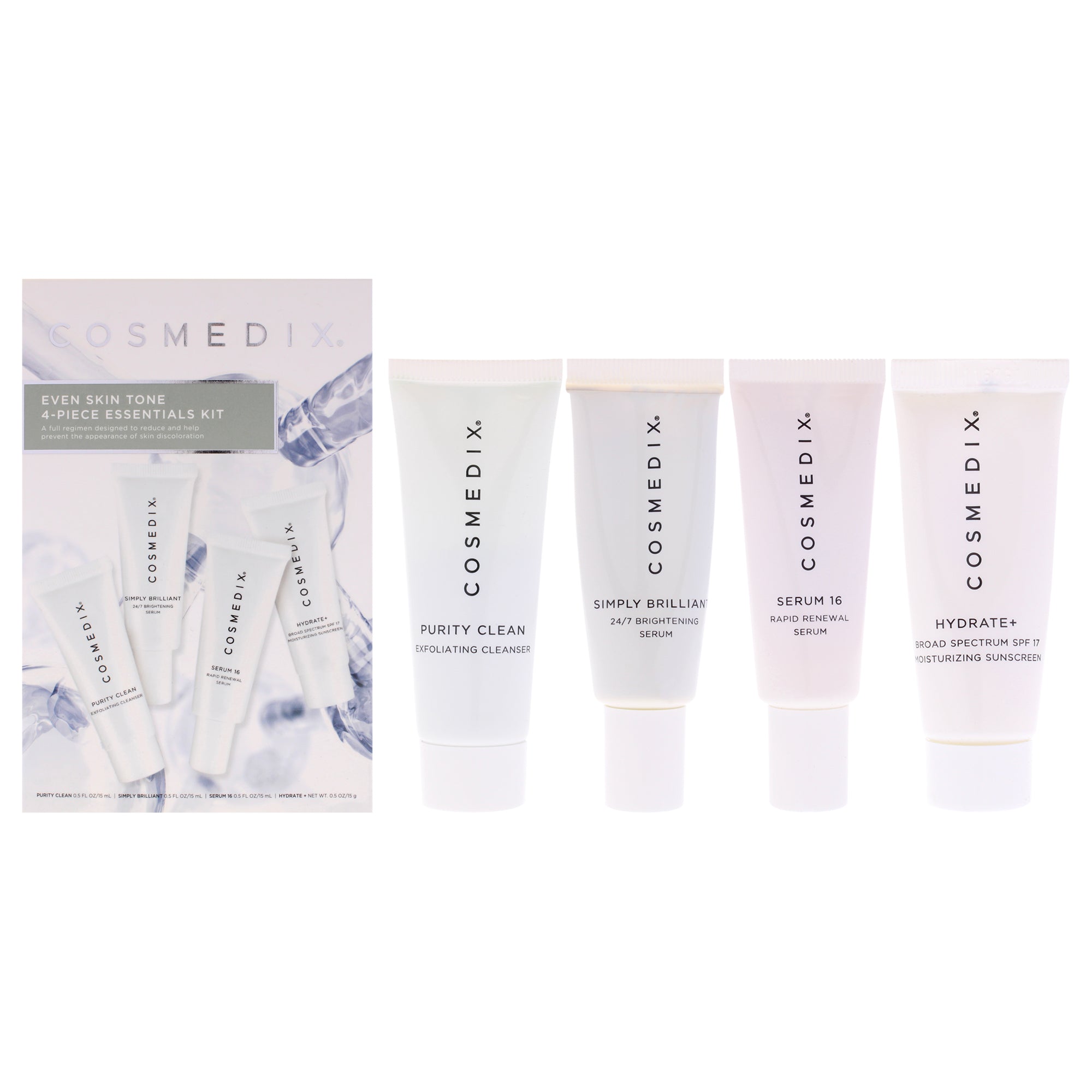 Even Skin Tone Essentials Kit by Cosmedix for Unisex - 4 Pc 0.5oz Purity Clean Exfoliating Cleanser, 0.5oz Simply Brilliant 24-7 Brightening Serum, 0.5oz Serum 16 Rapid Renewal, 0.5oz Hydrate Plus SPF 17 Moisturizing Sunscreen