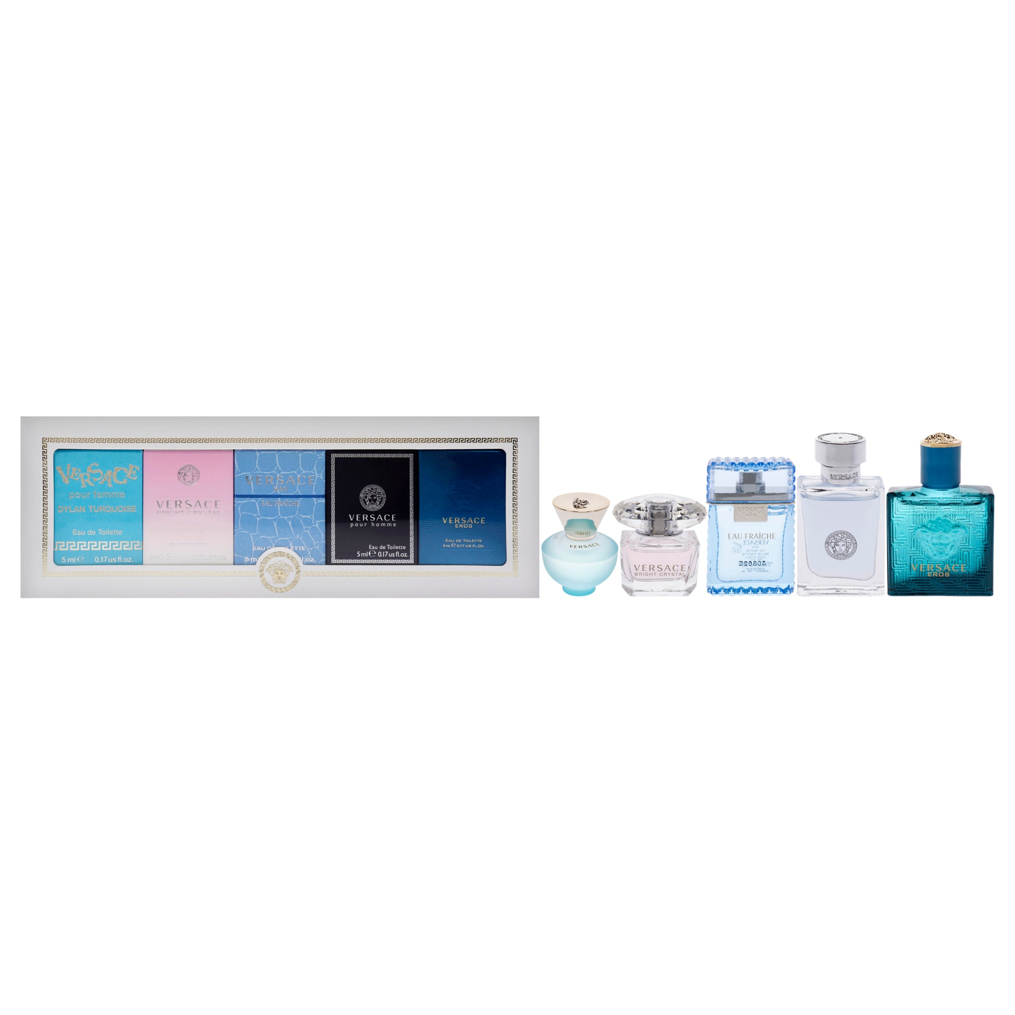 Versace Miniatures Collection by Versace for Unisex - 5 Pc Mini Gift Set 0.17oz Versace Dylan Turquoise EDT Splash, 0.17oz Versace Bright Crystal EDT Splash, 0.17oz Versace Man Eau Fraiche EDT Splash, 0.17oz Versace Pour Homme EDT Splash, 0.17oz Versace E