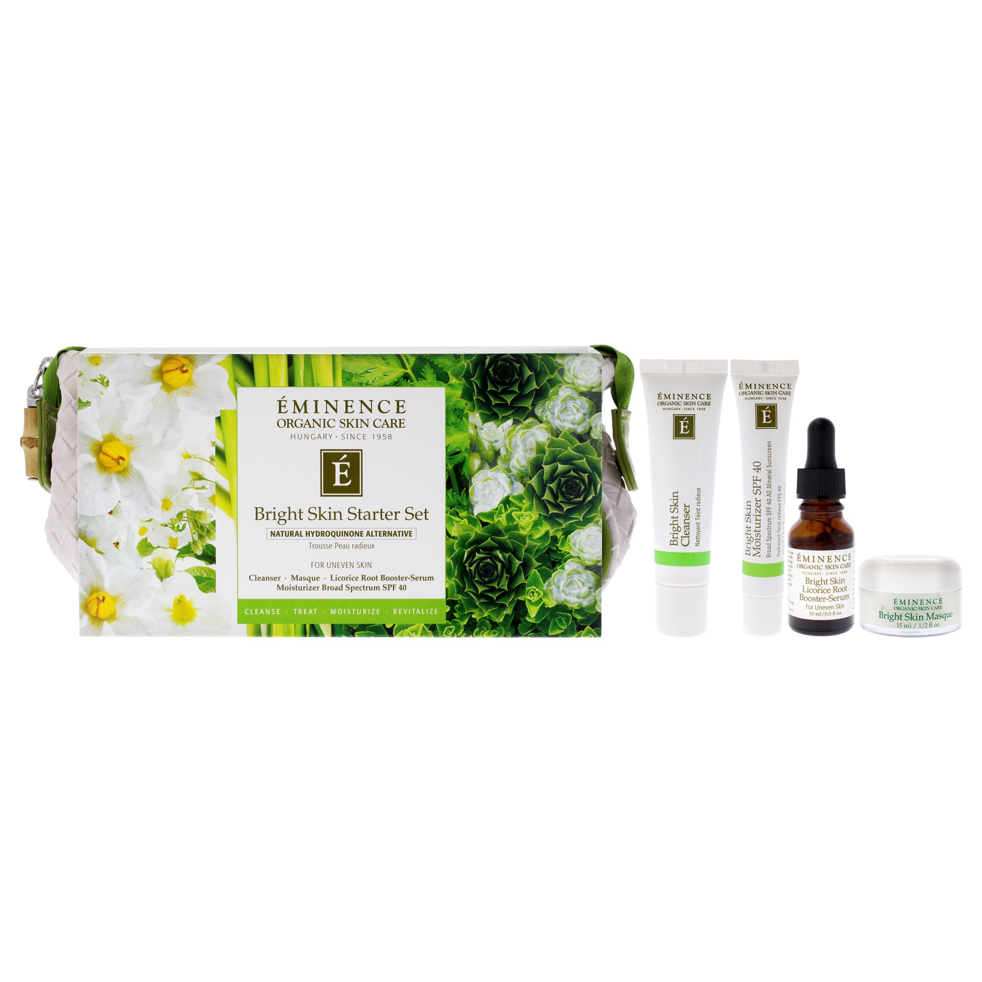 Bright Skin Starter Set by Eminence for Unisex - 5 Pc 1oz Bright Skin Cleanser, 0.5oz Bright Skin Mask, 0.5oz Bright Skin Licorice Root Booster-Serum, 0.5oz Bright Skin Moisturizer SPF 40, Cosmetic Bag