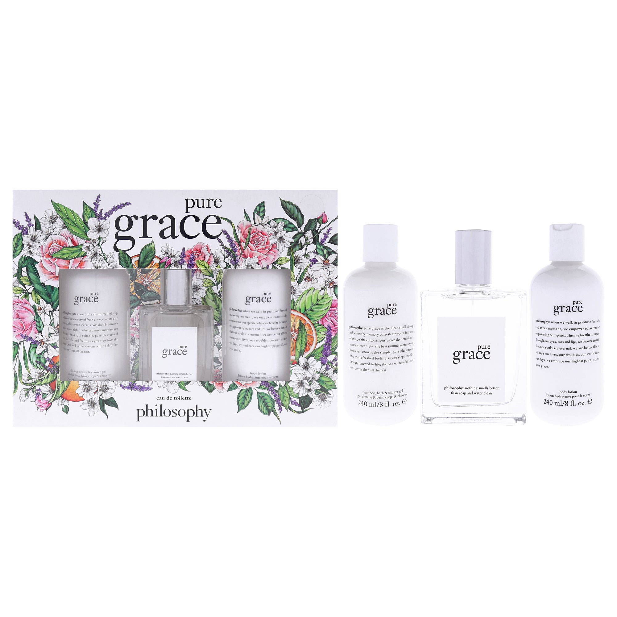 Pure Grace by Philosophy for Women - 3 Pc Gift Set 2oz EDT Spray, 8oz Pure Grace Shampoo Bath and Shower Gel, 8oz Pure Grace Body Lotion