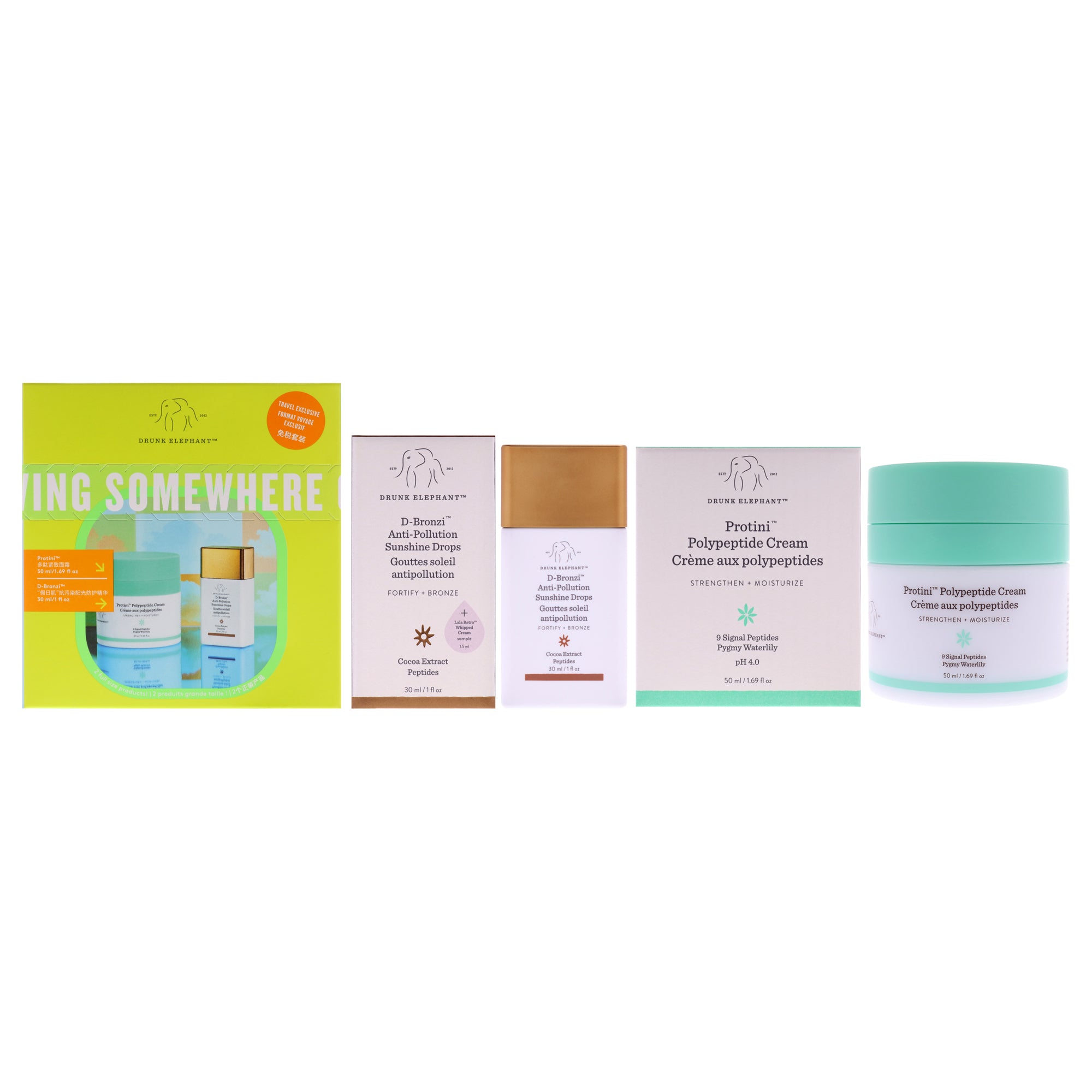 Glowing Somewhere Good Set by Drunk Elephant for Unisex - 2 Pc 1oz D-Bronzi Anti Pollution Sunshine Drops, 1.69oz Protini Polypeptide Cream