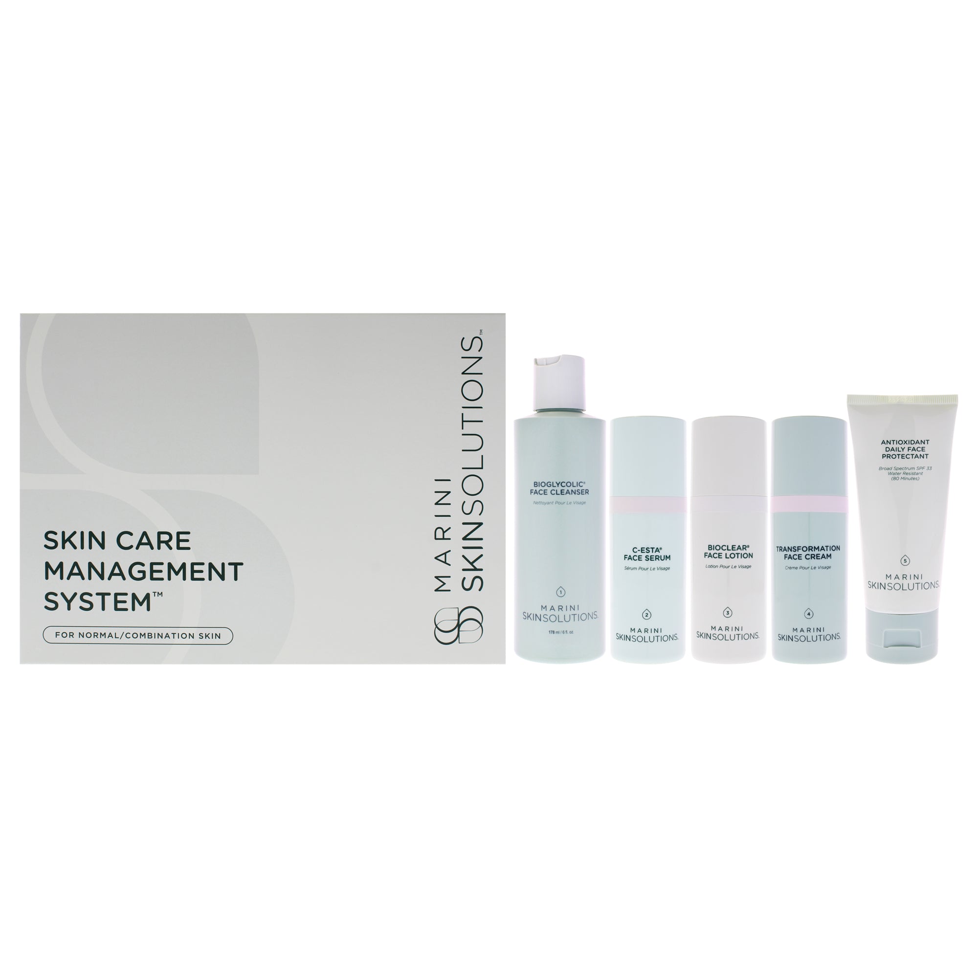 Skin Care Management System - Normal to Combination by Marini SkinSolutions for Unisex - 5 Pc 6oz Bioglycolic Face Cleanser, 1oz C-ESTA Face Serum, 1oz Bioclear Face Lotion, 1oz Transfomation Face Cream, 2oz Antioxidant Daily Face Protectant SPF 33