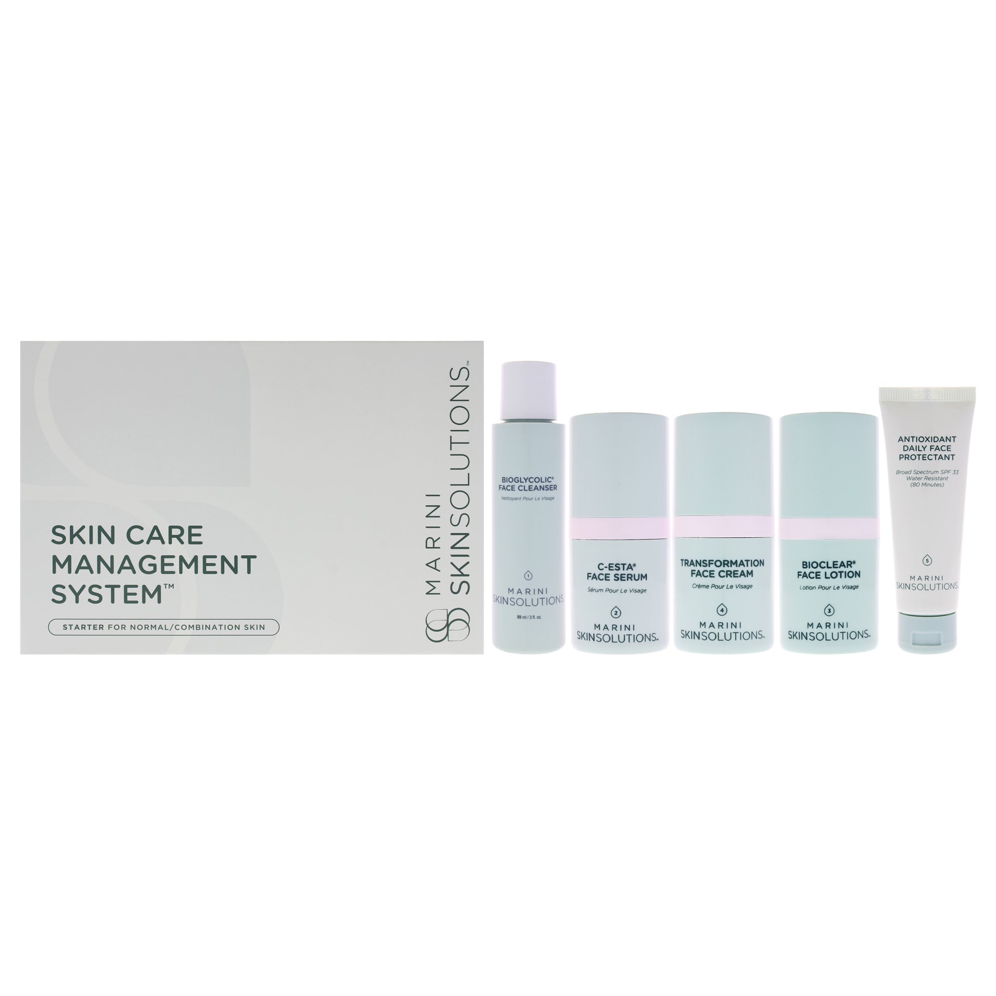 Skin Care Management System - Normal to Combination by Marini SkinSolutions for Unisex - 5 Pc 3oz Bioglycolic Face Cleanser, 0.5oz C-ESTA Face Serum, 0.5oz Bioglycolic Bioclear Face Lotion, 0.5oz Transfomation Face Cream, 1oz Antioxidant Daily Face Protec