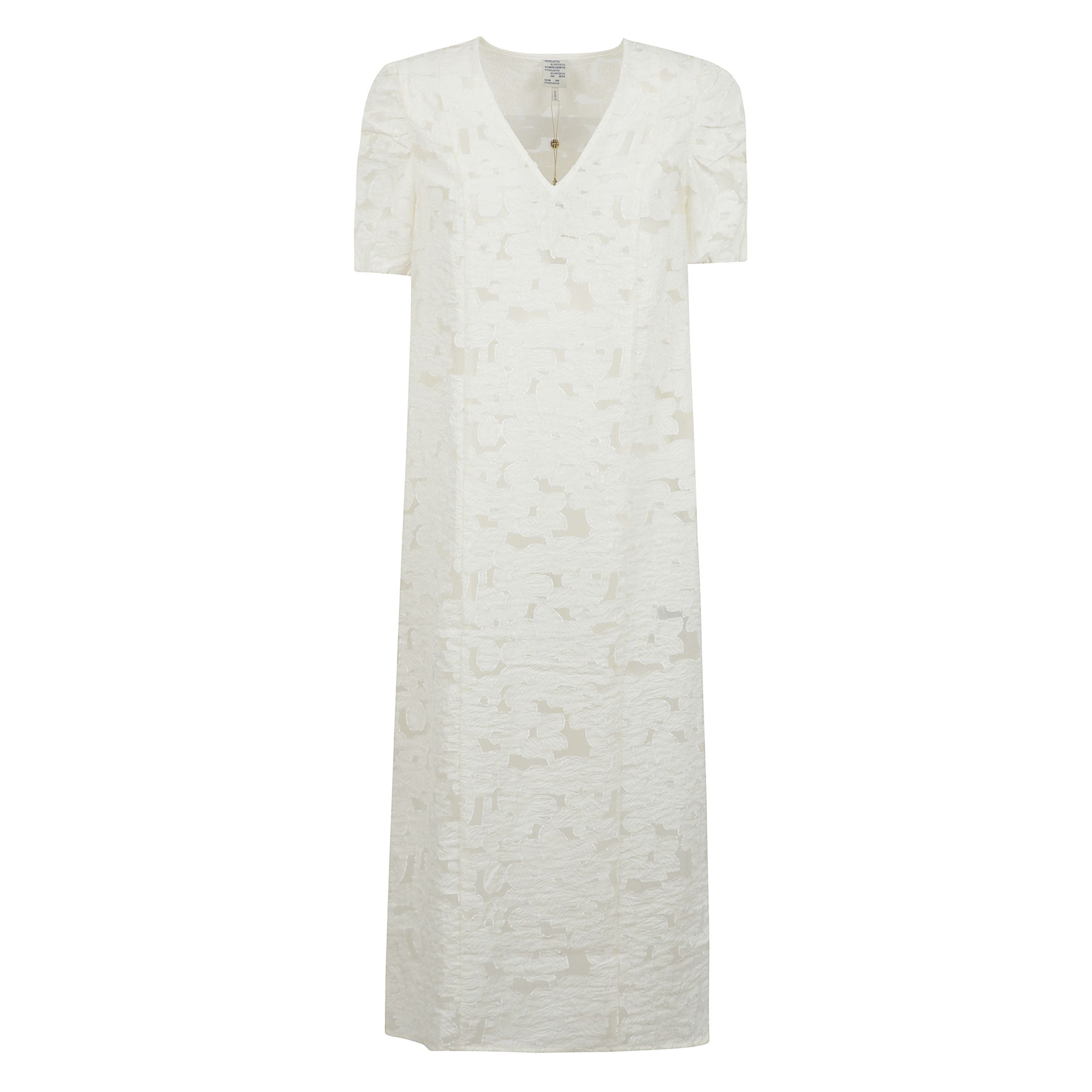 Abito midi semitrasparente realizzato in pizzo floreale,  caratterizzato da scollo a v e maniche voluminose