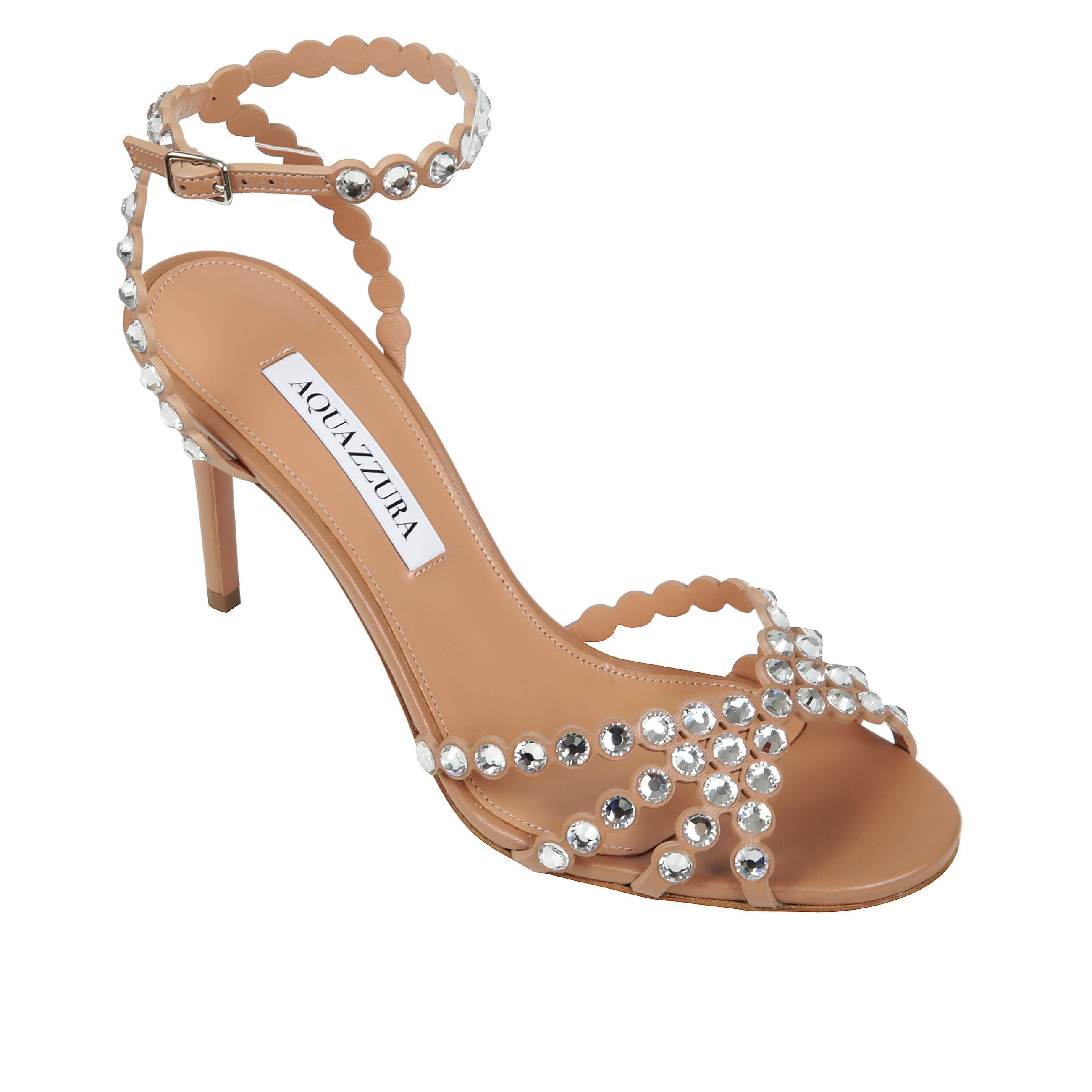 Tequila sandal 85
sandali con cristalli che decorano i cinturini, una fibbia regolabile alla caviglia e un tacco a stiletto di altezza media,