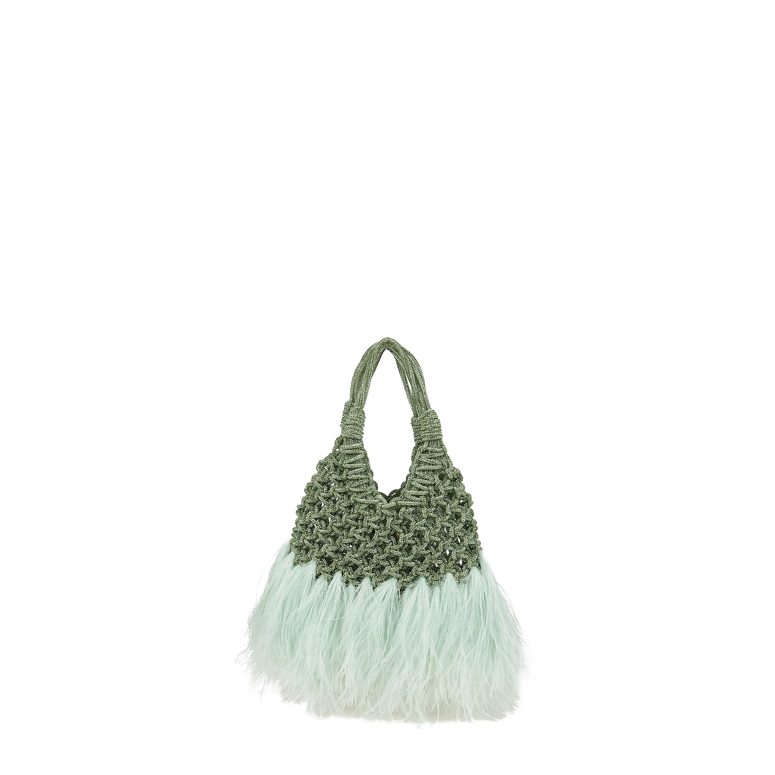 Borsa gioiello tempestata di cristalli e impreziosita da piume di struzzo ton-sur-ton