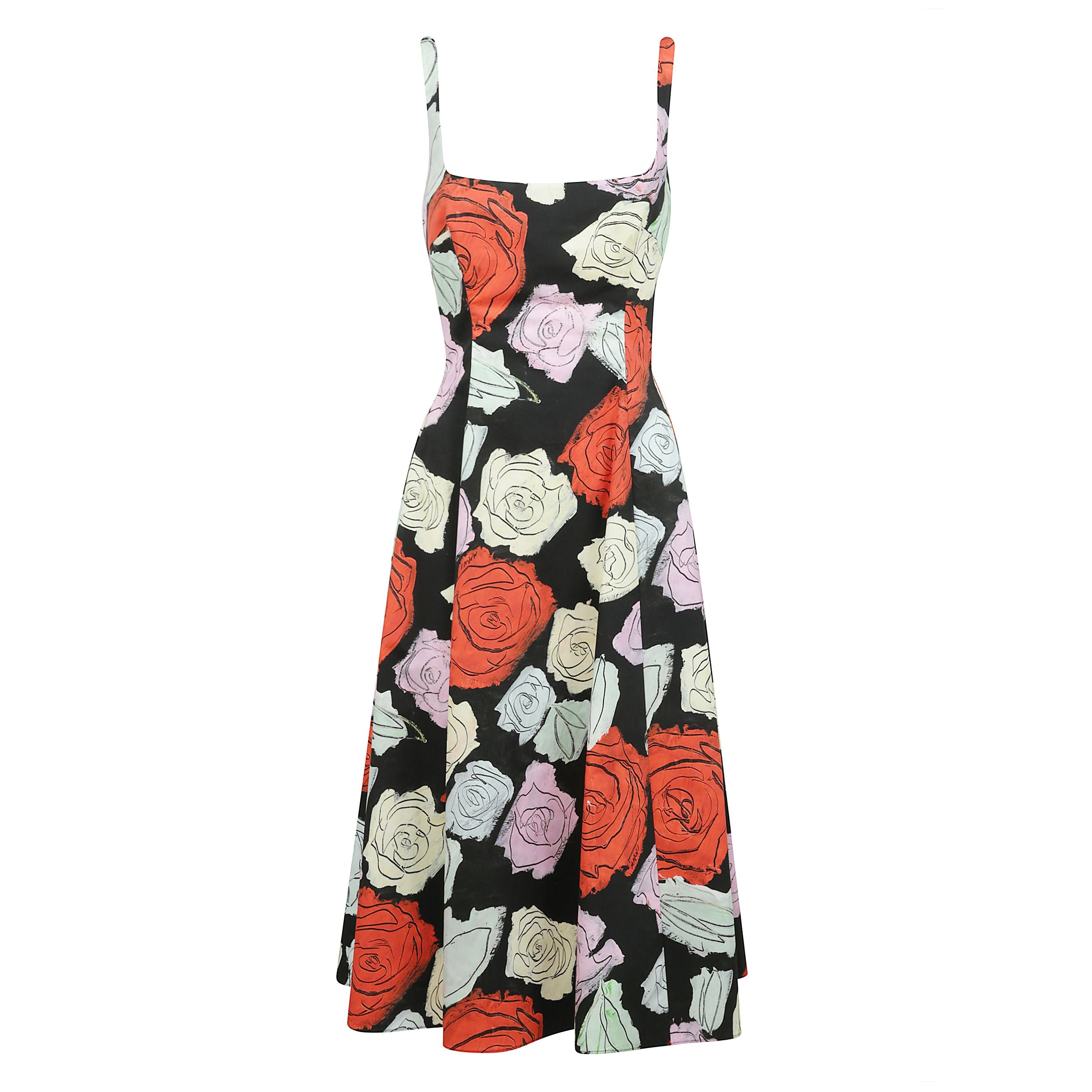 Abito svasato a fiori con base nera, scollo quadrato e spalline regolabili con chiusura posteriore con zip nascosta