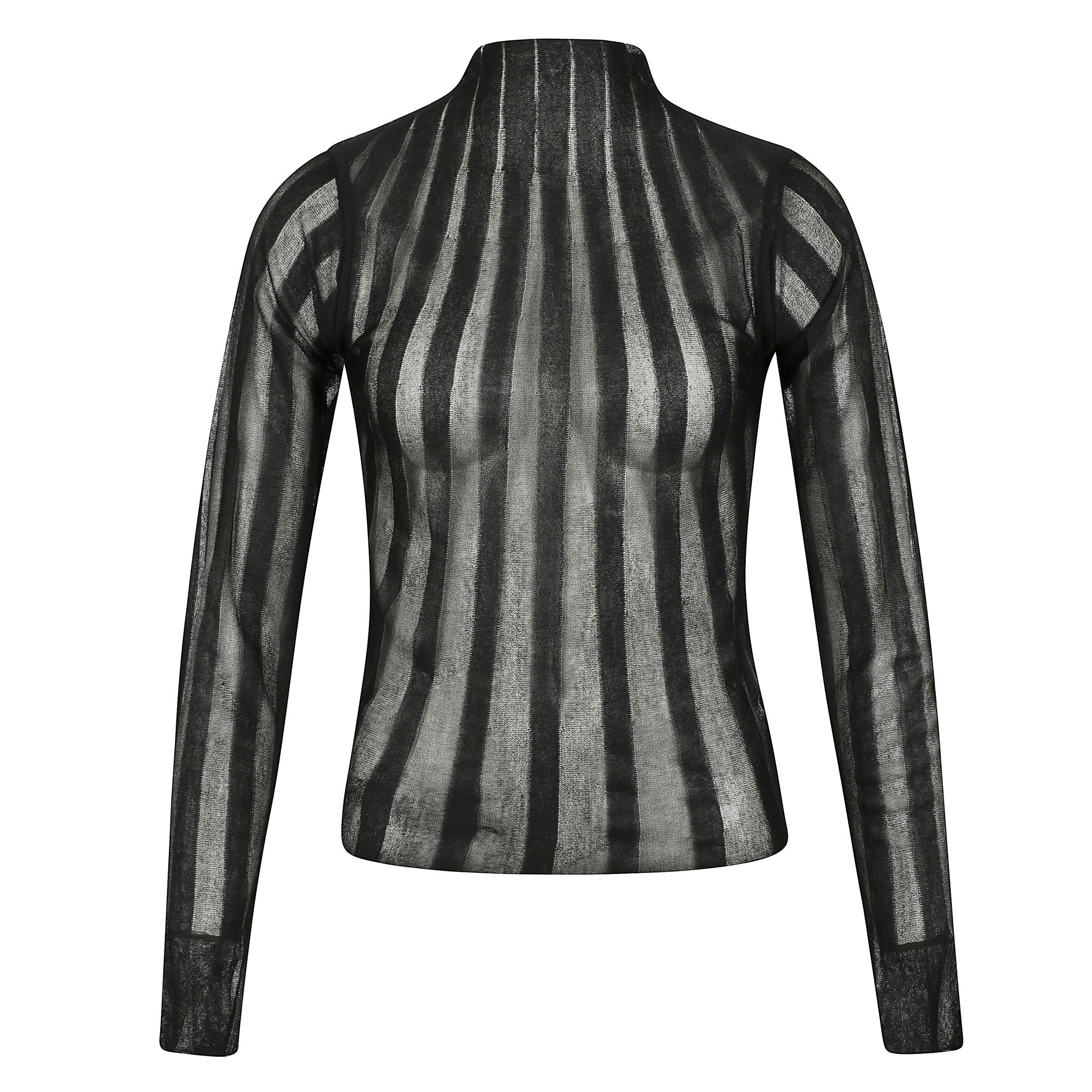 T-shirt a maniche lunghe semi-trasparente, falsatura con abbottonatura, collo a lupetto e orlo a taglio vivo