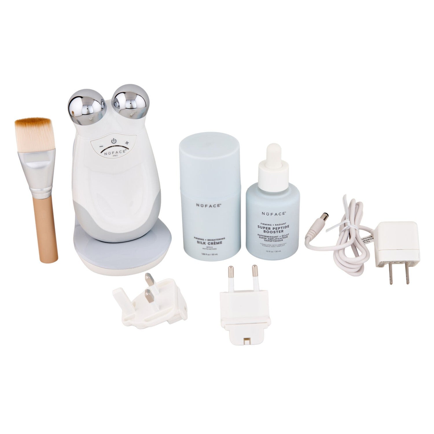 NuFACE Trinity Limited-Edition Microcurrent Skincare Regimen Kit (Includes: Device With Facial Trainer Attachment, Charging Cradle+Power Adapter, Super Peptide Booster 1oz/30ml, Silk Creme Activator 1.69oz/50ml, Limited Edition Clean Sweep Brush)