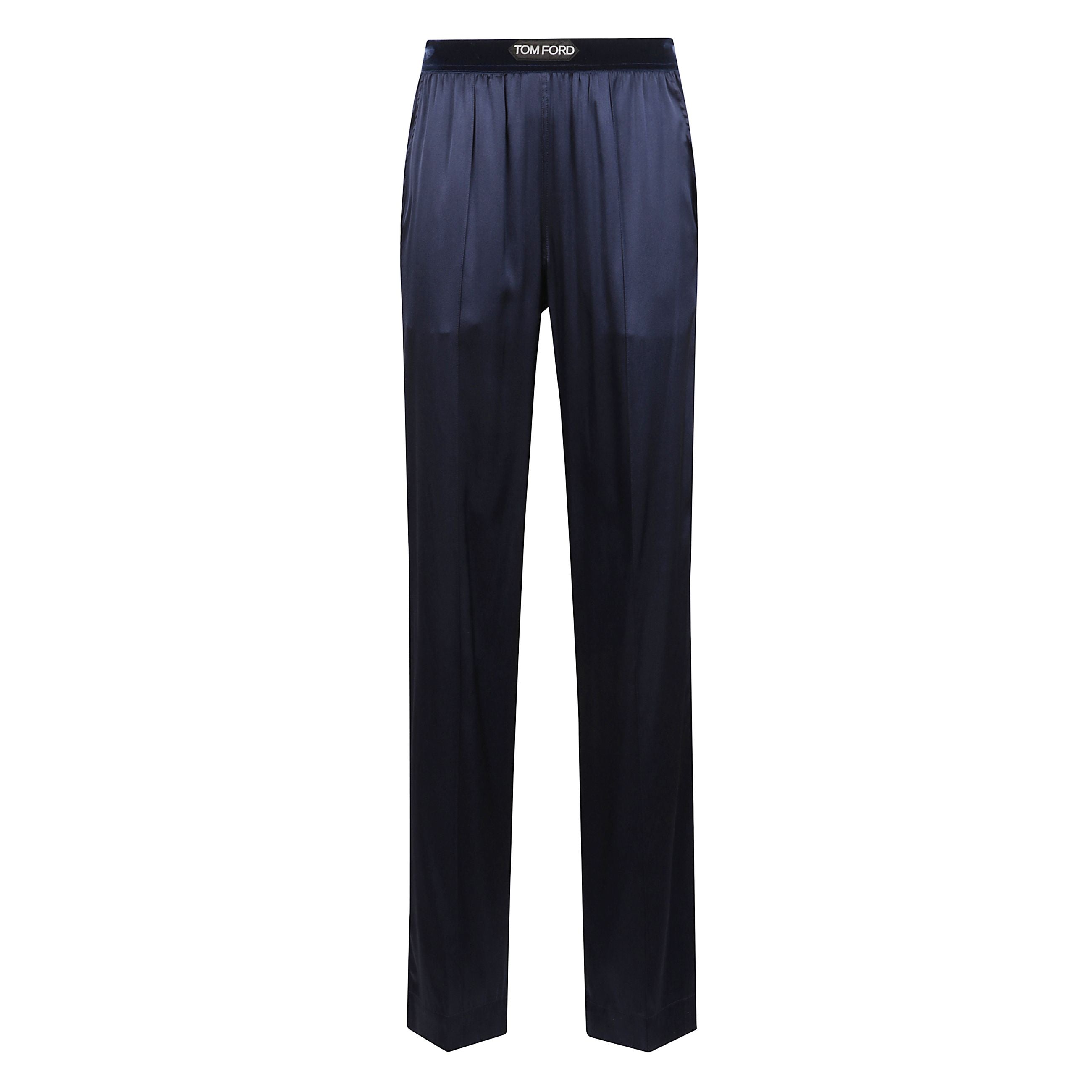 Pantaloni in seta satinata con vestibilitÃ  rilassata. vita elasticizzata con fascia in velluto con etichetta tom ford. tasche laterali inserite nelle cuciture. due tasche posteriori applicate.