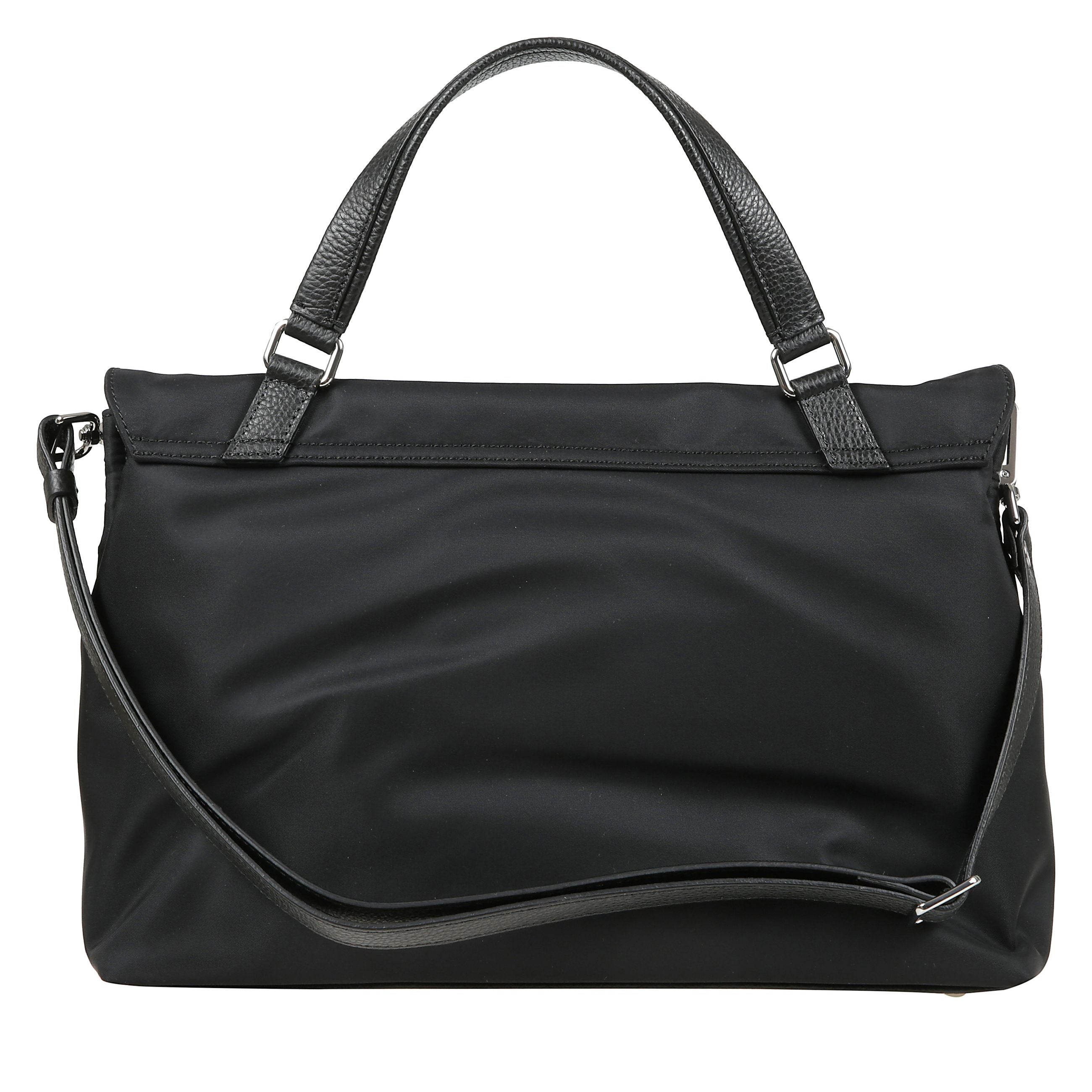 Borsa a mano realizzata in nylon, doppio scomparto interno, manico superiore in pelle, tracolla regolabile e removibile in pelle e chiusura a doppio girello con patta