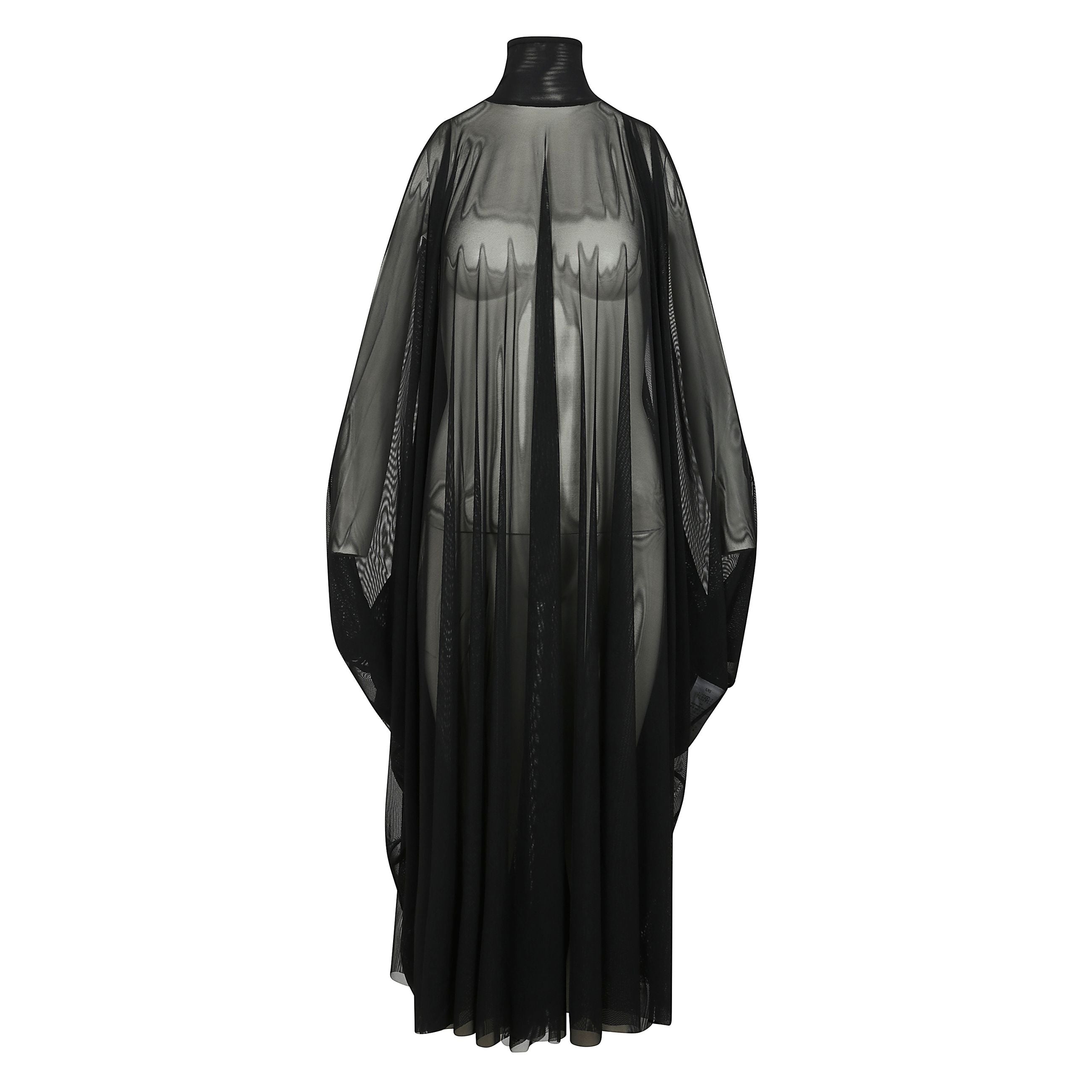 Unâode allâaudacia estetica e alla sperimentazione stilistica di rick owens, questo abito lungo in tulle trasparente incarna unâeleganza eterea e scultorea. caratterizzato da un design fluido e avvolgente, presenta un collo alto strutturato a contra