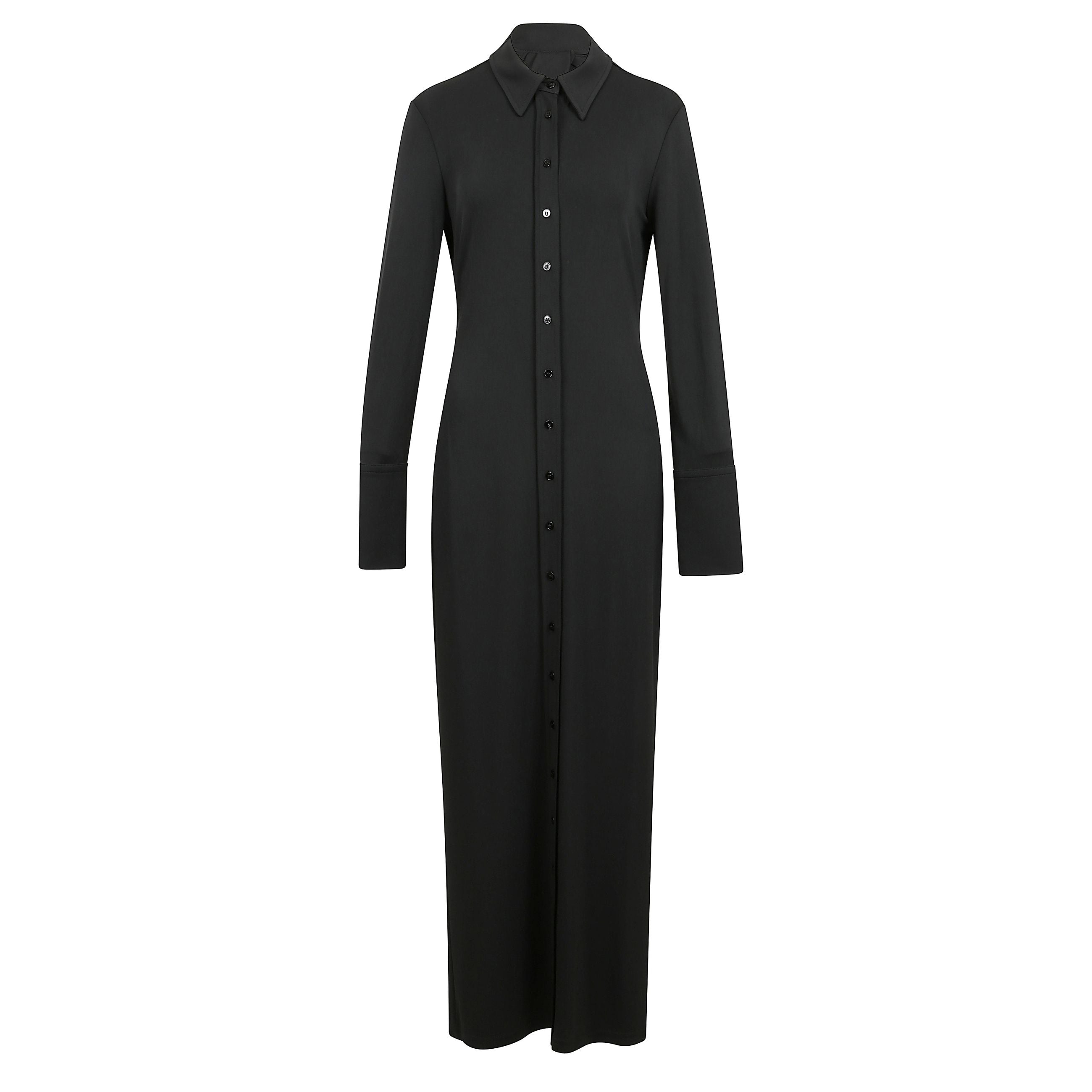 Abito in jersey, chiusura frontale con bottoni, polsini con abbottonatura, colletto a punta e apertura sul retro