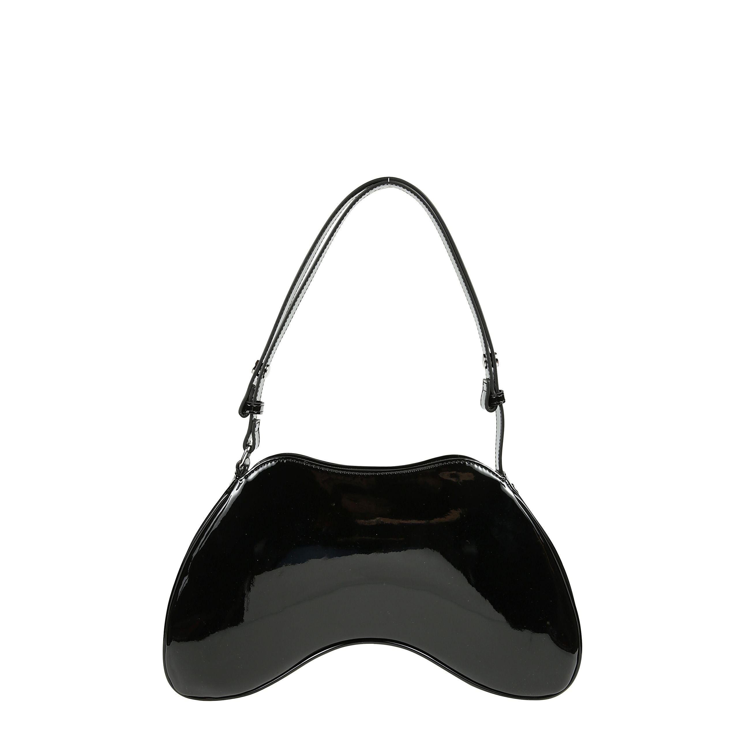 Questa borsa da donna ha una silhouette strutturata e compatta, ispirata ai classici joystick da videogame. caratterizzata da una finitura lucida, Ã¨ realizzata in materiali riciclati con una chiusura zip e una delicata decorazione oval d smaltata. la tra