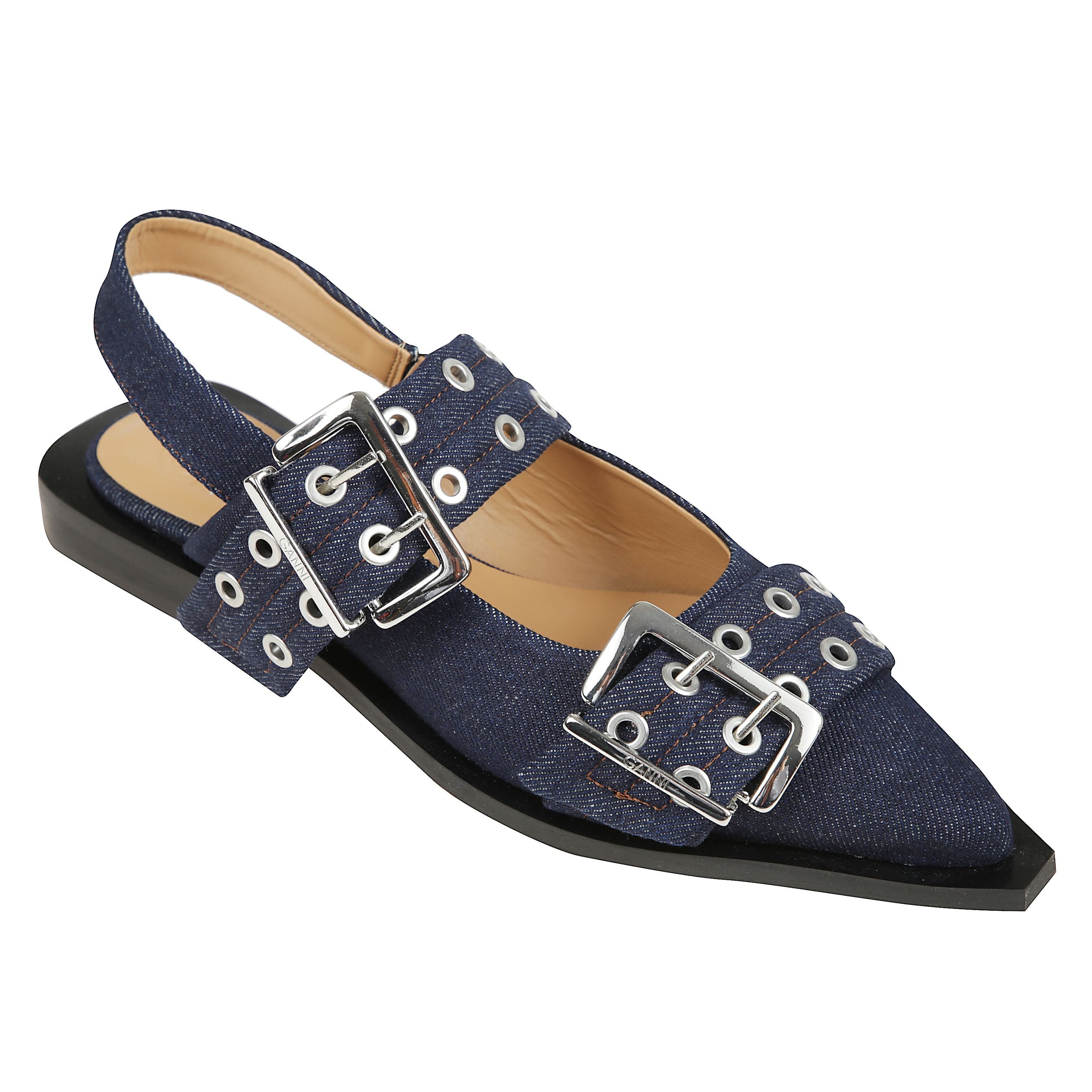 Feminine buckle ballerina denim.