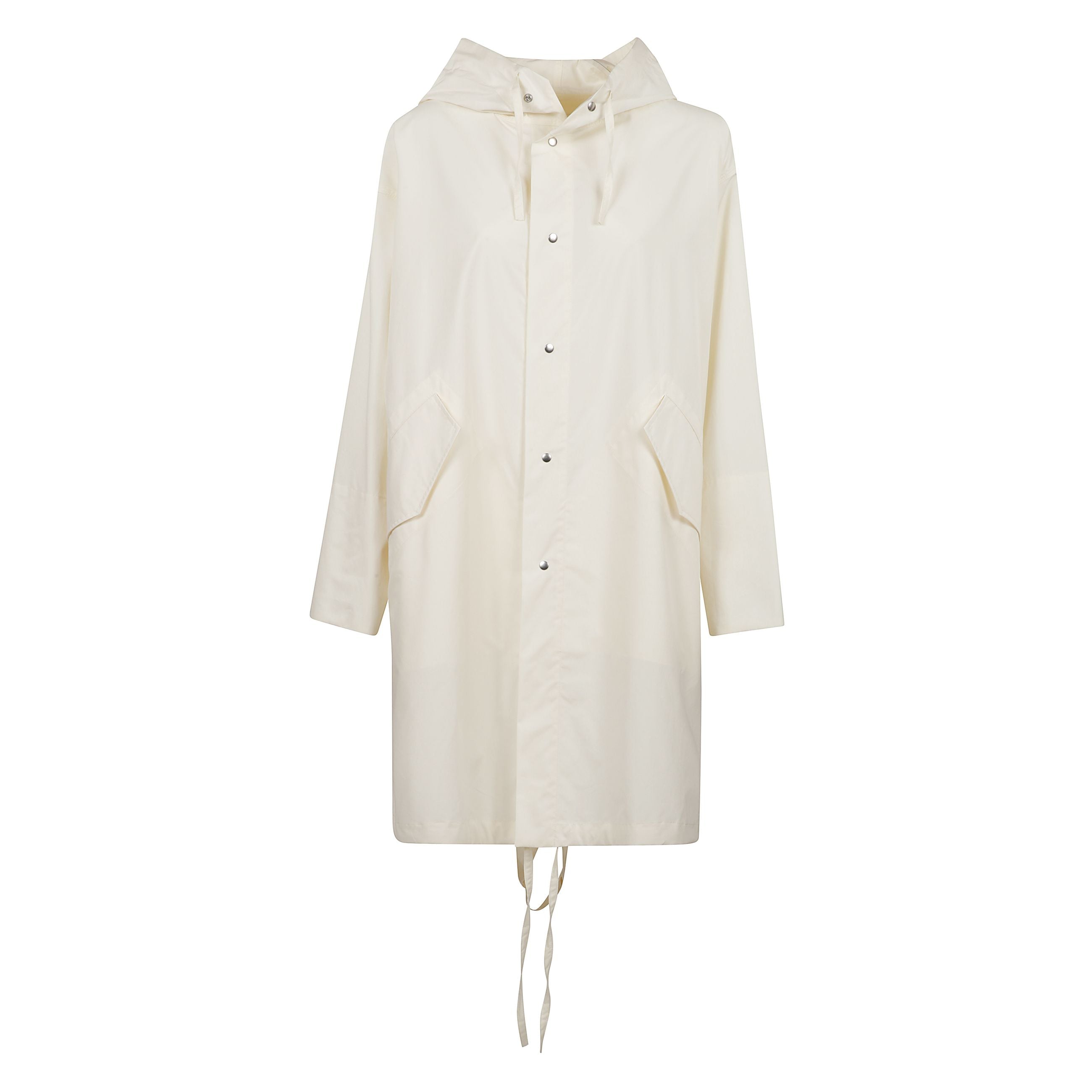 Parka in cotone impermeabile bianco con logo nero retro jil sander, con coulisse su fondo e orlo più lungo retro