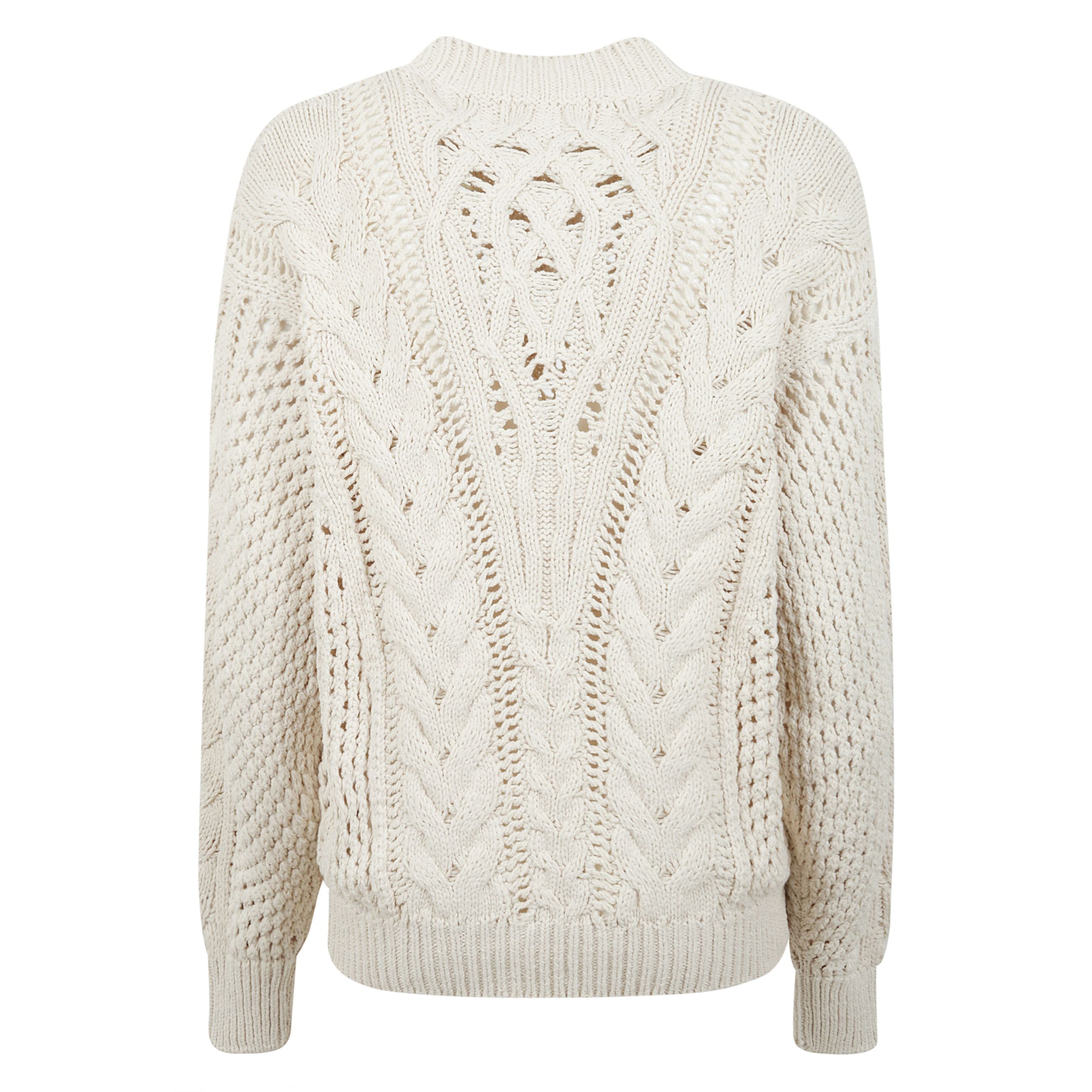 Maglione lenza a girocollo traforato con polsini e orlo a coste e spalla cadente.