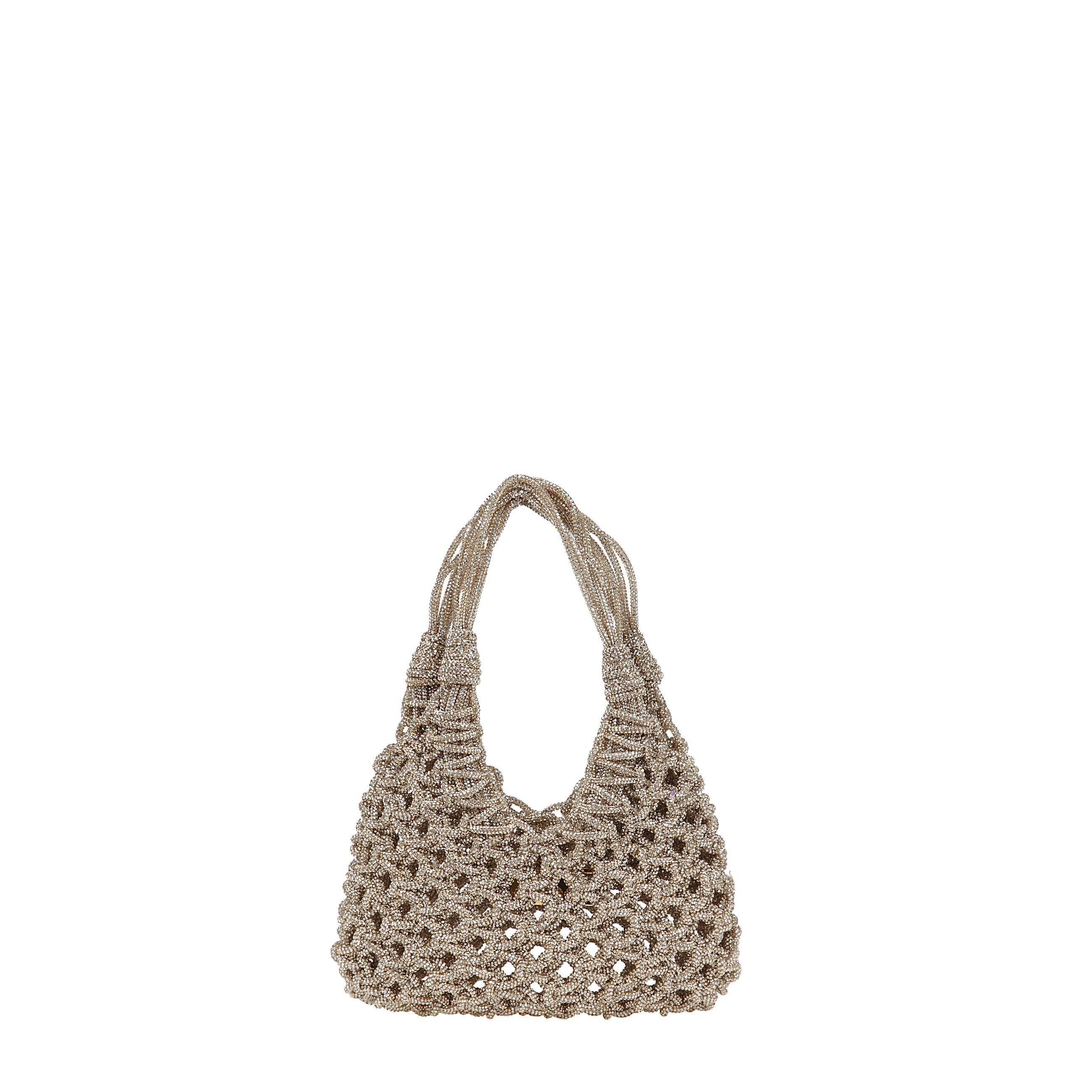 Borsa a mano tempestata di cristalli dal design senza fodera con parte superiore aperta e due manici