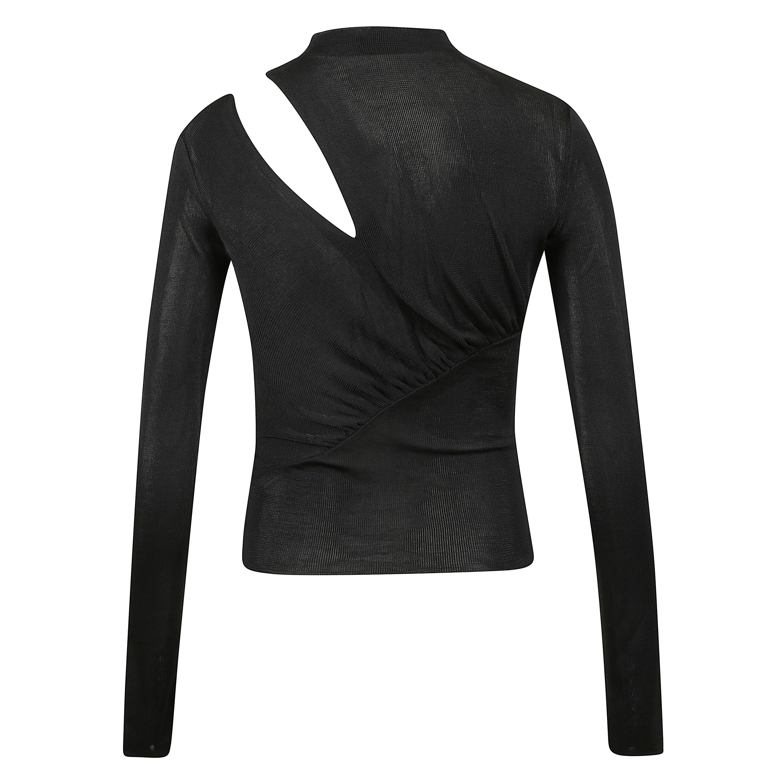 Top in maglia di viscosa a maniche lunghe con collo alto e vestibilitÃ  aderente. arricciature sul davanti e retro. apertura sulla spalla sinistra.