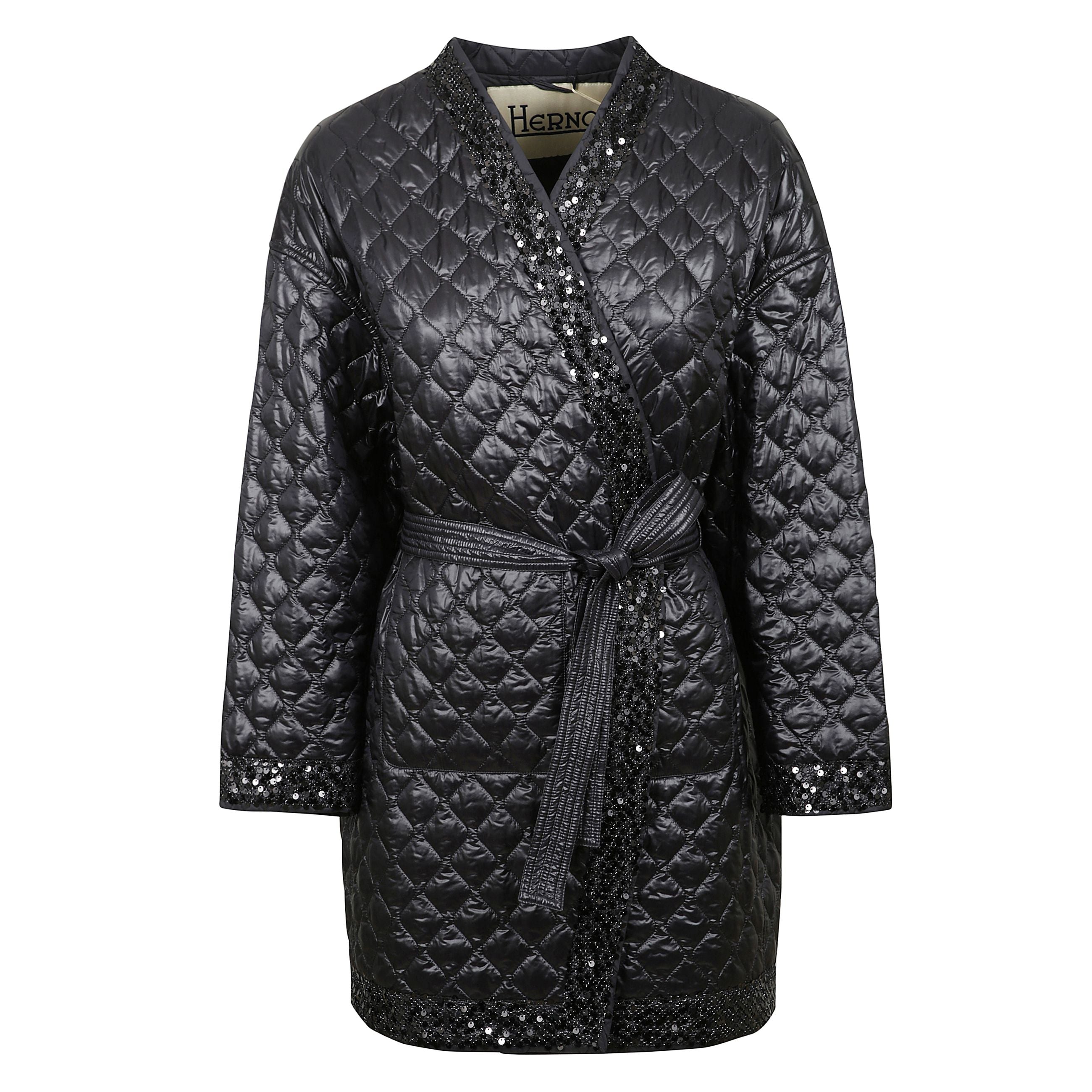 Giacca trapuntata con scollo a v, dettagli di paillettes e cintura