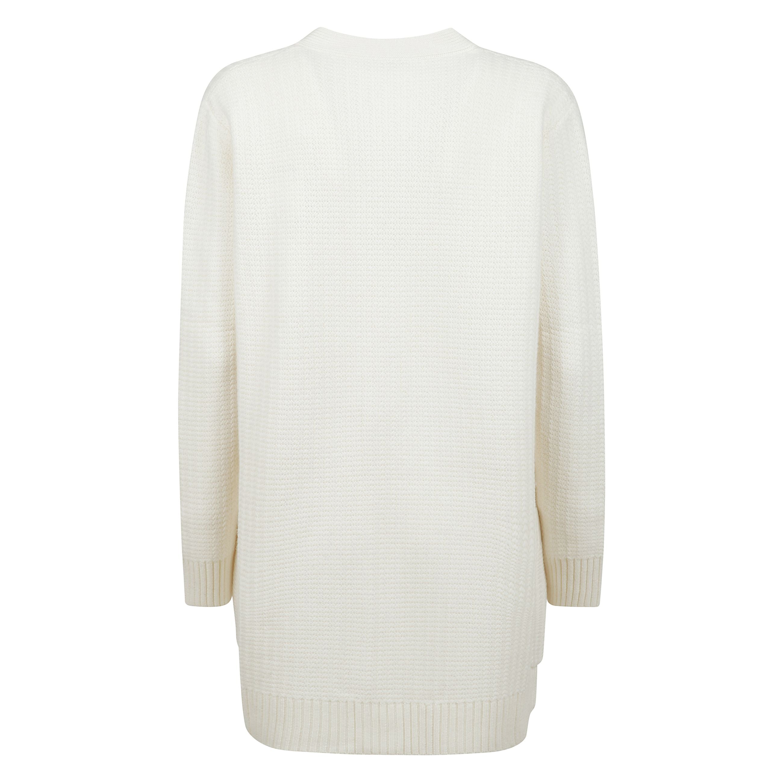 Cardigan lungo in maglia con abbottonatura frontale,  fondo manica e fondo a costine, ricami sul pannello frontale e due tasche frontali