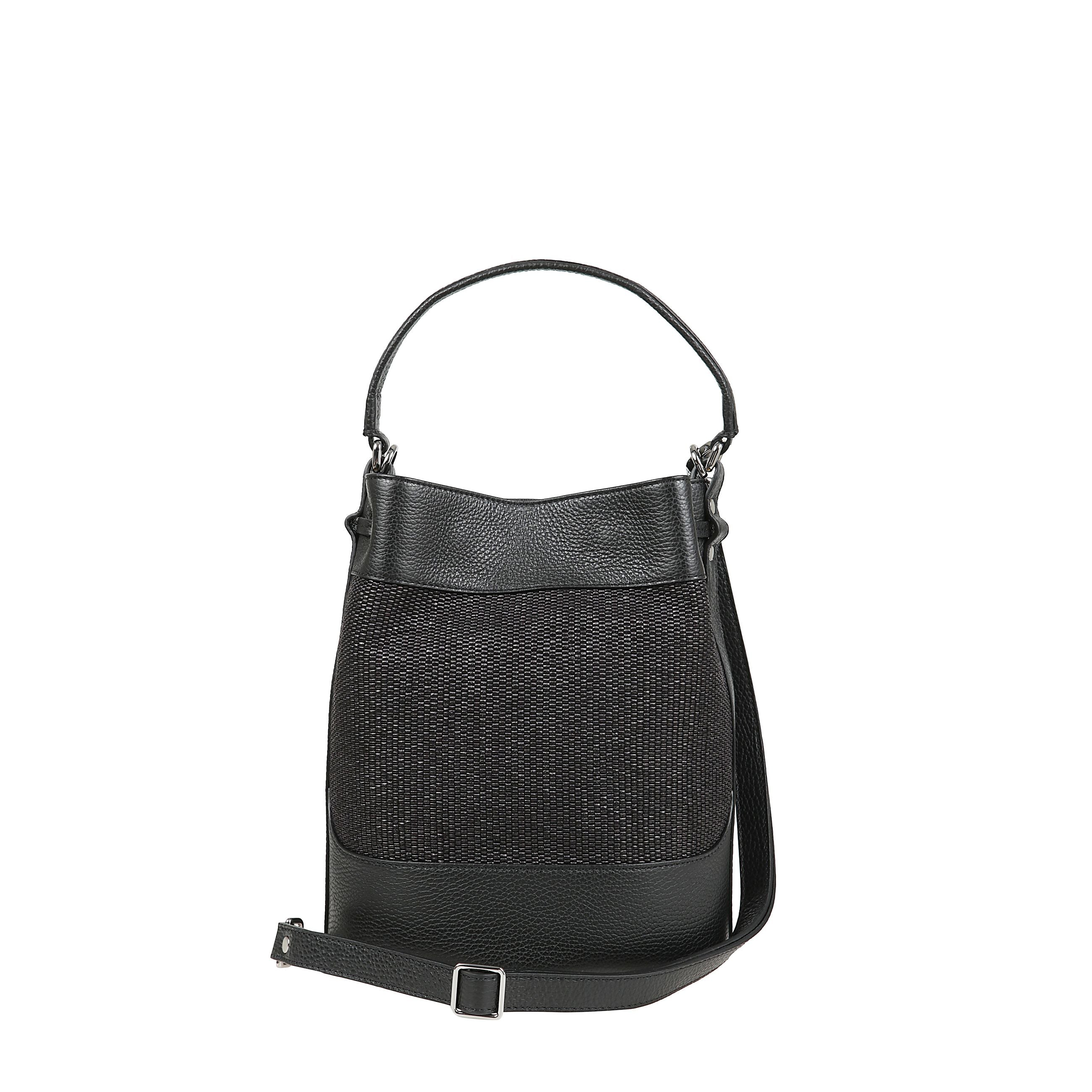 Borsa a secchiello con manico superiore e tracolla, chiusura a coulisse e dettaglio girello