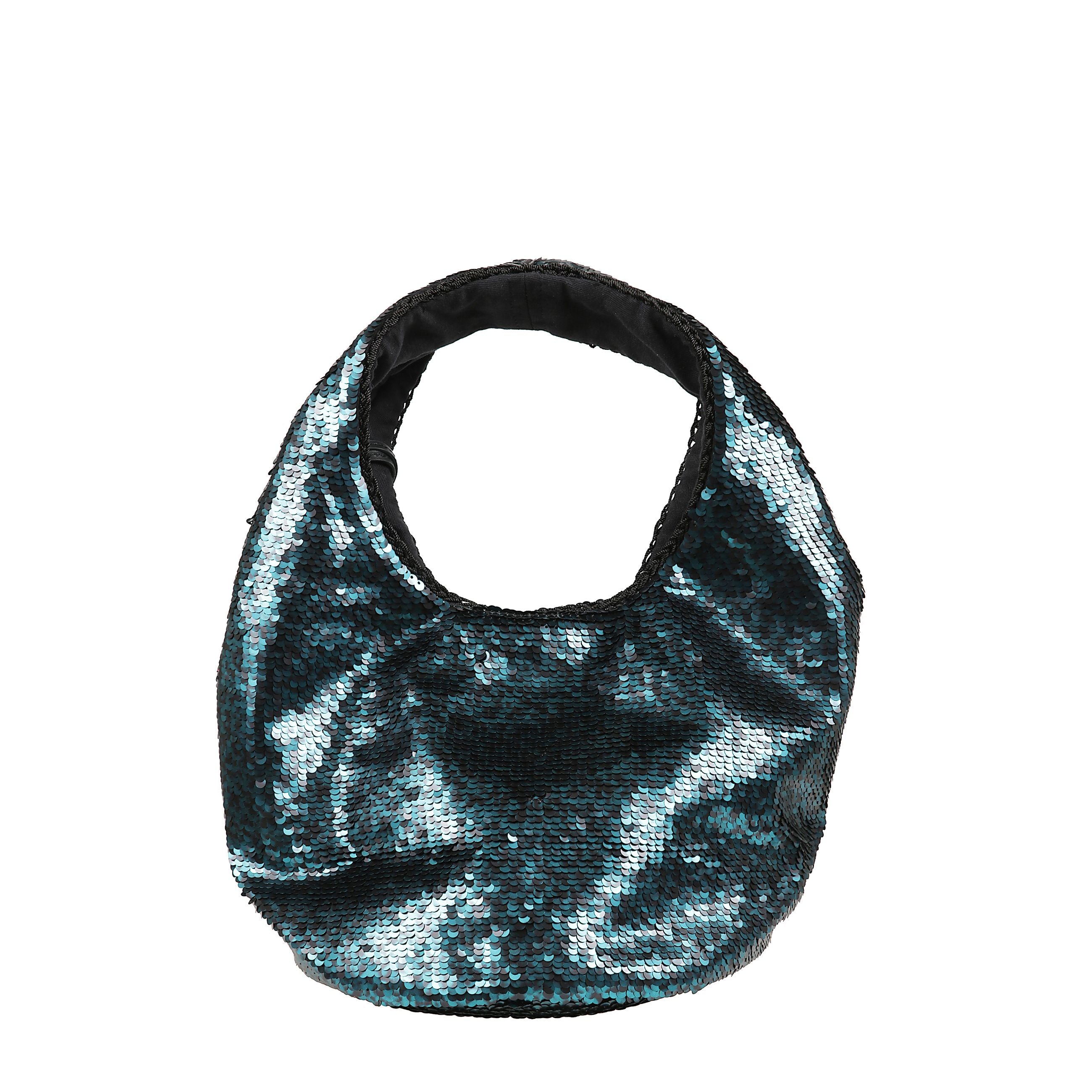 Shopper sequin mini realizzata con paillettes all-over, con scomparto unico, doppio manico e ciondolo metallico logato