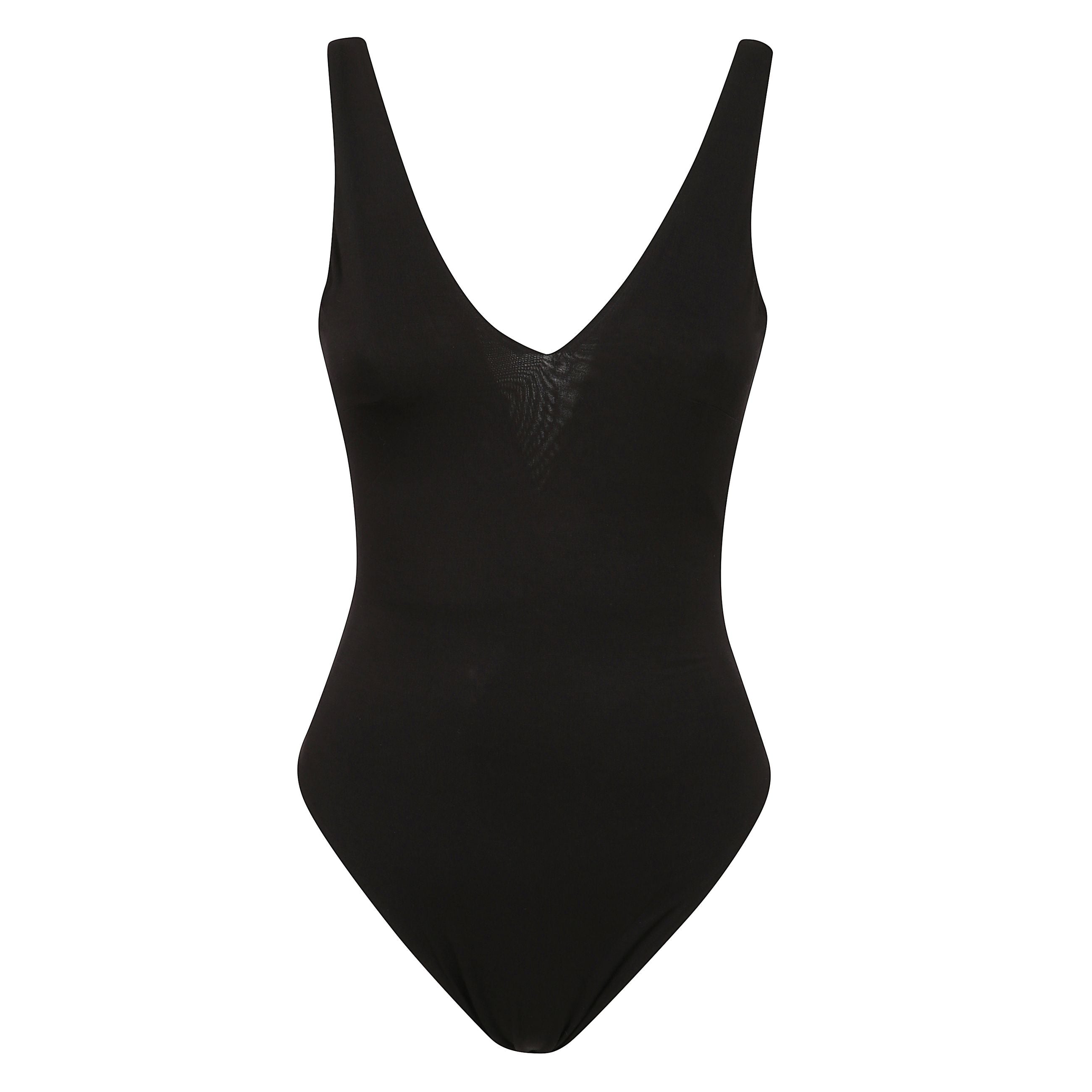 Top nero con scollo a v e spallacci larghi.