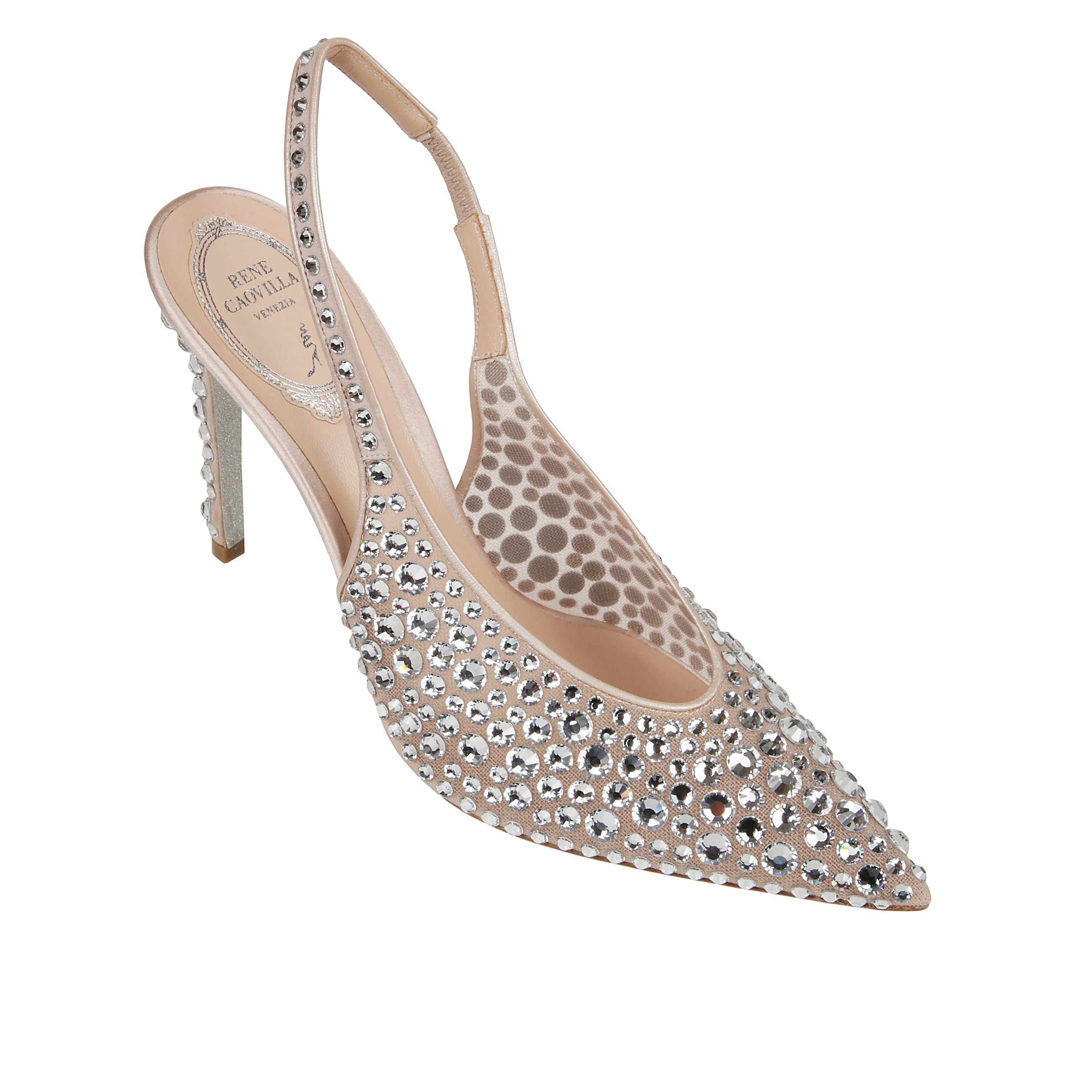 Lo scintillio della slingback gilda non passa inosservato, grazie ai 1220 cristalli dÃ©gradÃ© che la ricoprono interamente, dalla punta al tacco a stiletto, facendola risaltare nella notte. un modello glam-rock dal carattere deciso, in una nuance nude per