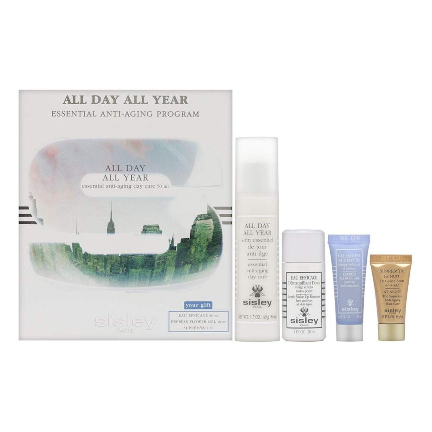 Sisley All Day All Year Essential Anti-Aging Program (Gentle Make-Up Remover 1oz/30ml, Express Flower Gel 0.33oz/10ml, Supremya At Night 0.17oz/5ml, All Day All Year Anti-Aging Day Care 1.7oz/50ml)