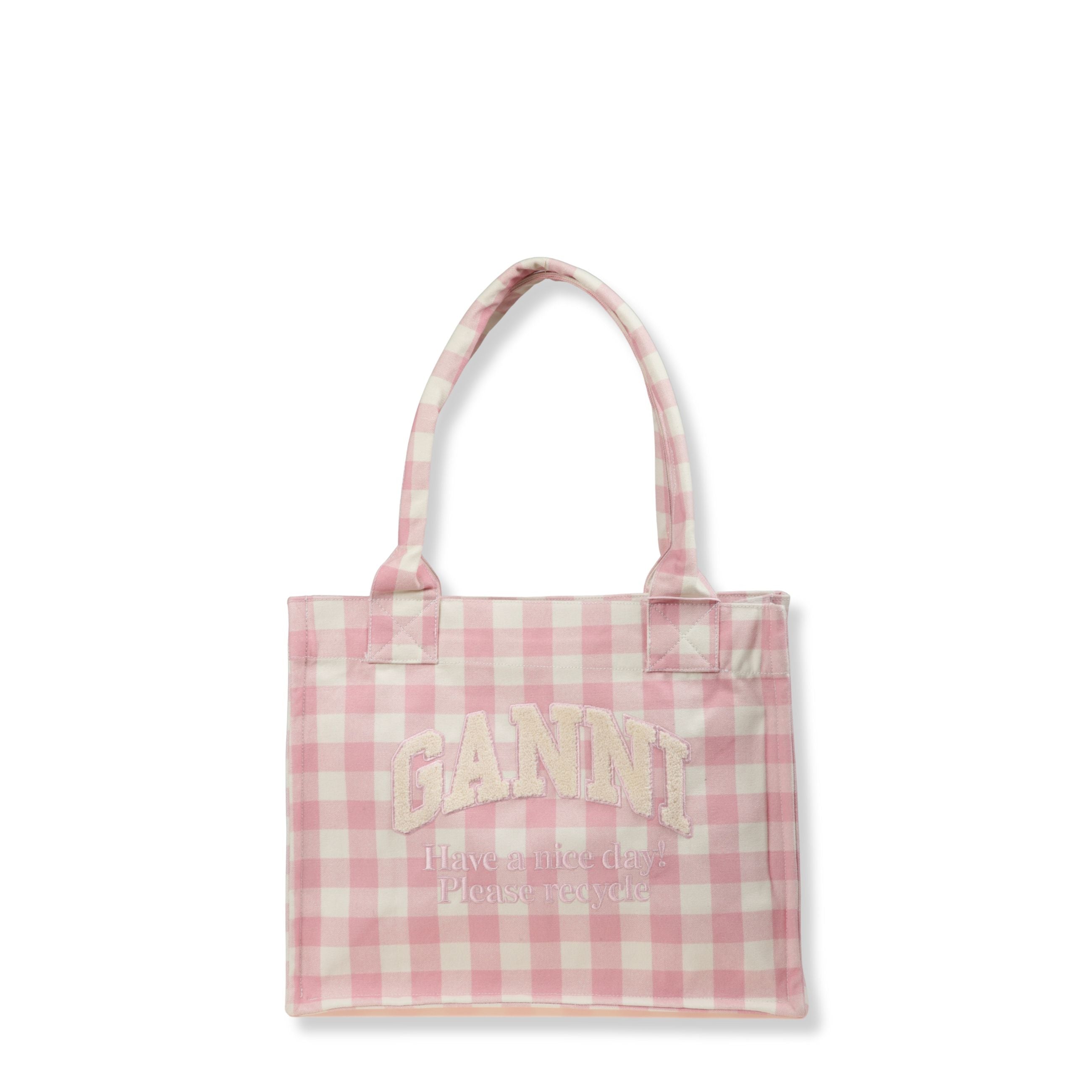 Borsa a mano ganni in cotone. formato shopper bag con doppi manici superiori. stampa vichy.