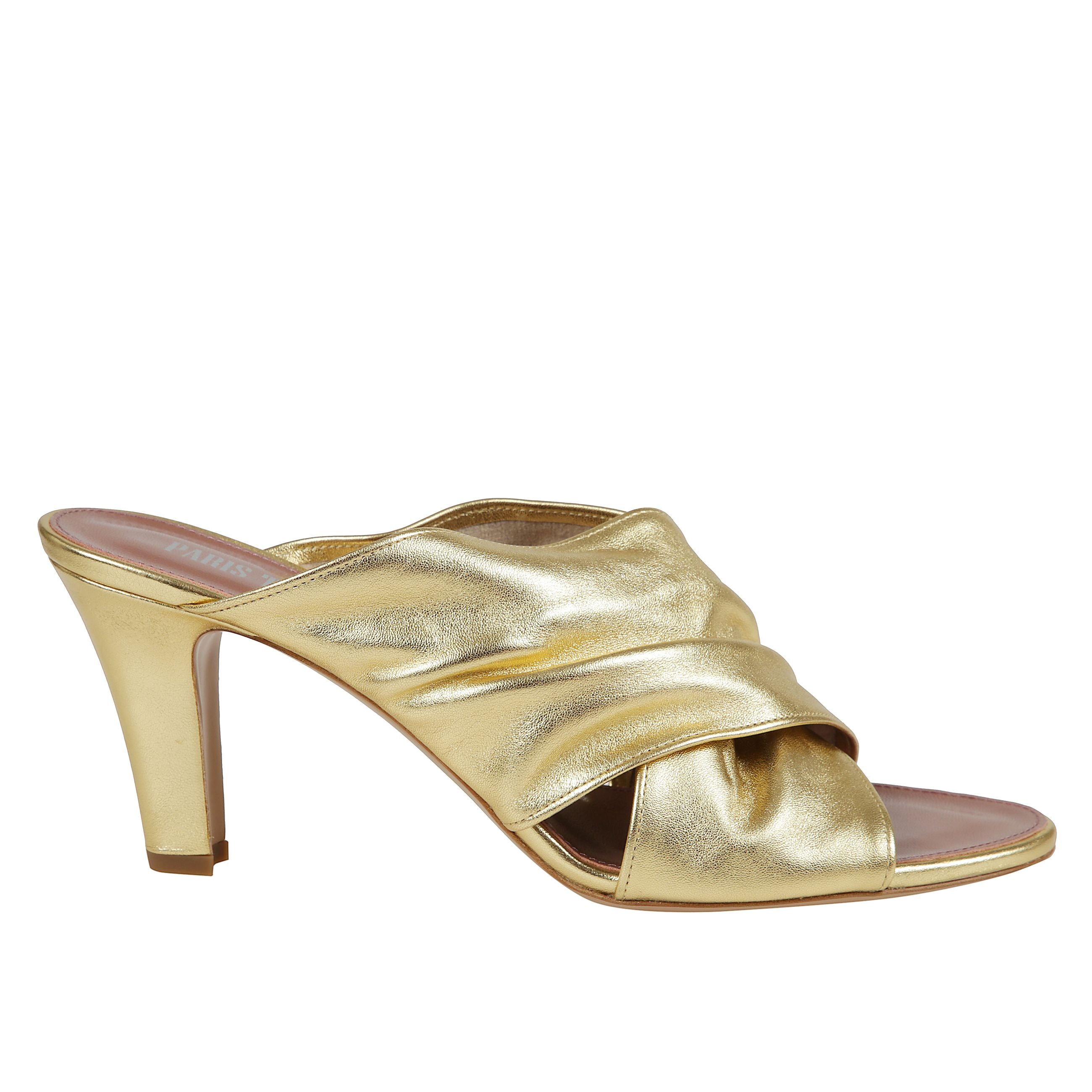 Mules open-toe in pelle con tacco a cono rivestito.