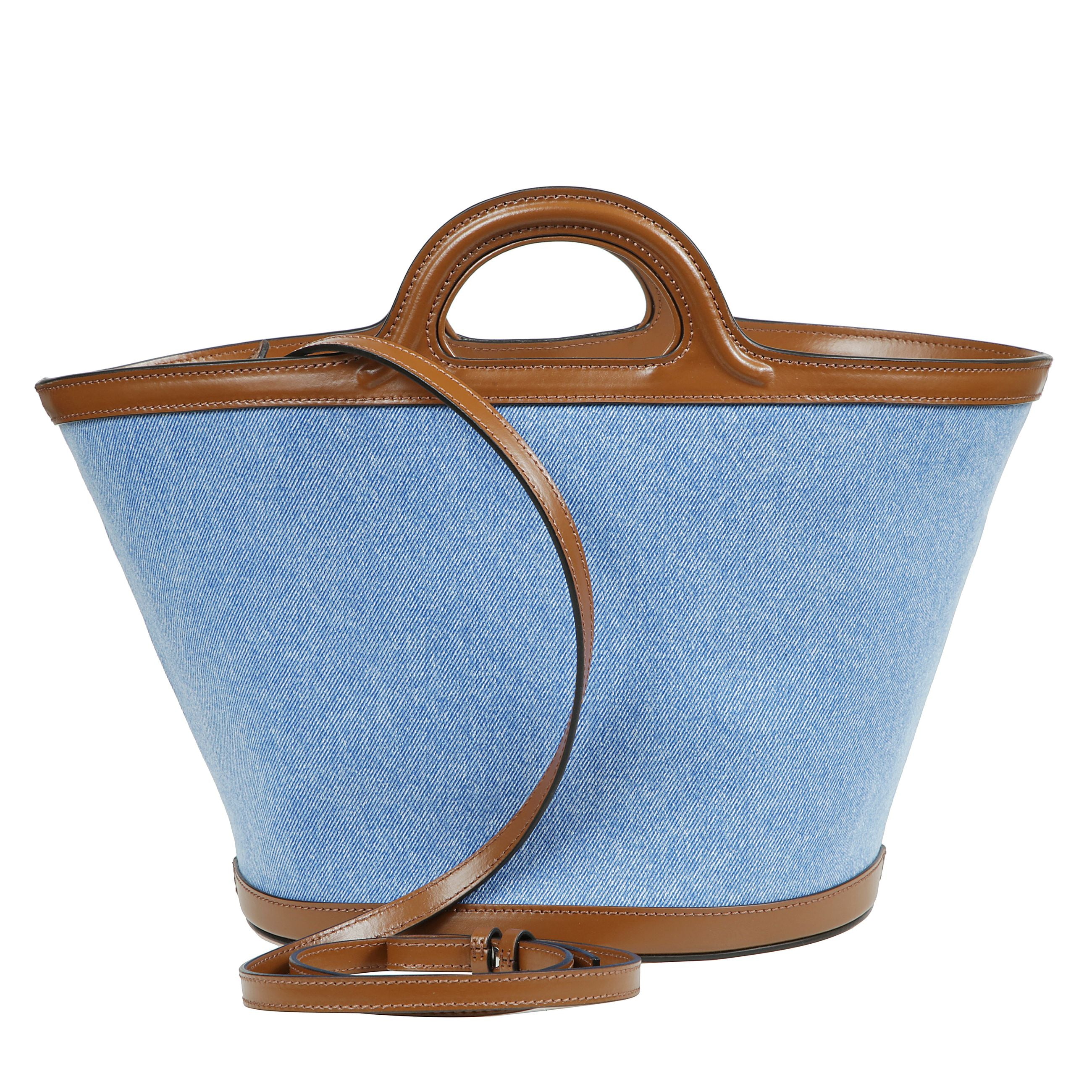 Borsa tropicalia a secchiello marni in denim di cotone e pelle con parte superiore aperta a due manici.