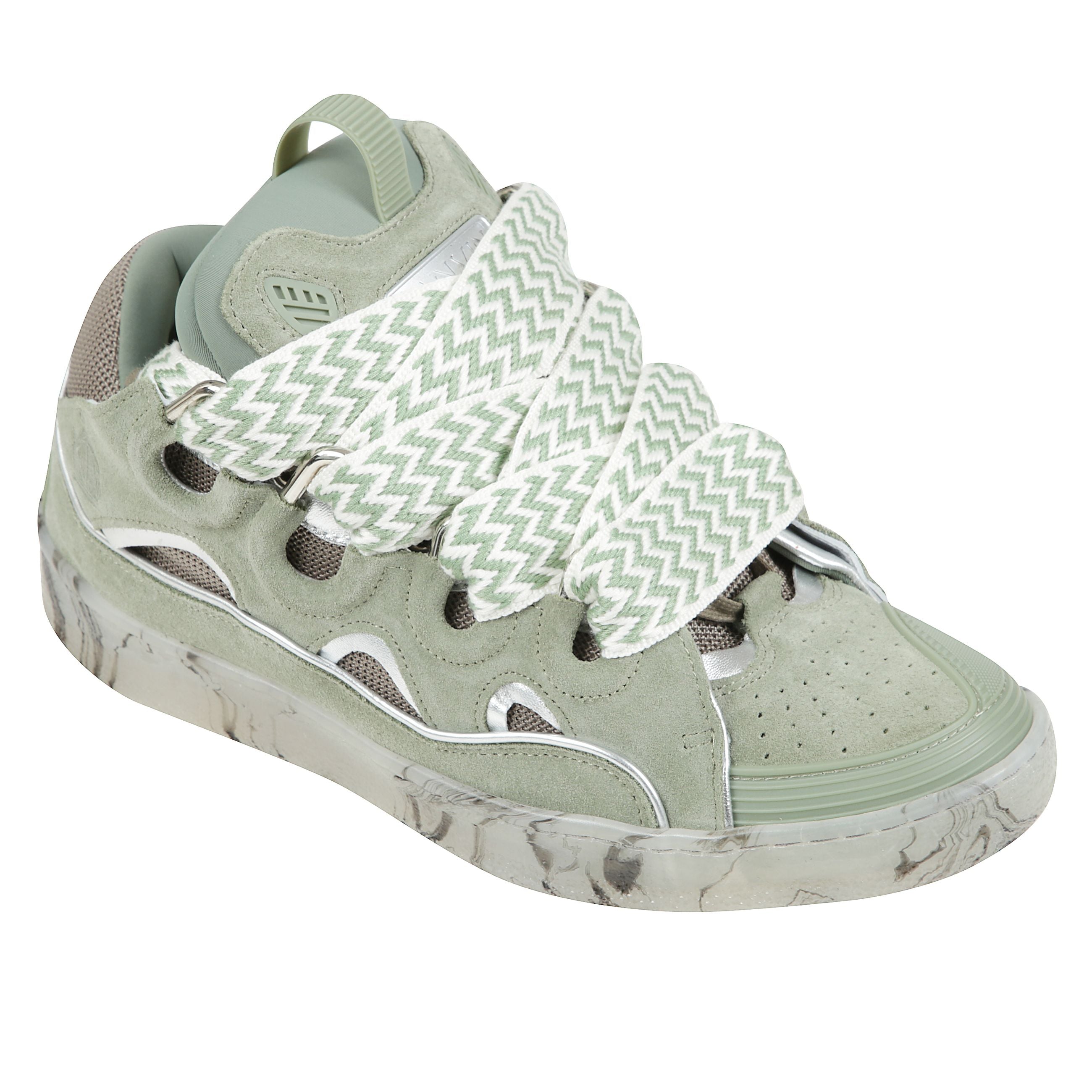 Sneakers curb in pelle, chiusura frontale con lacci a contrasto, inserti in rete e pelle scamosciata, pull-tab sulla linguetta applicazione con logo, dettagli riflettenti