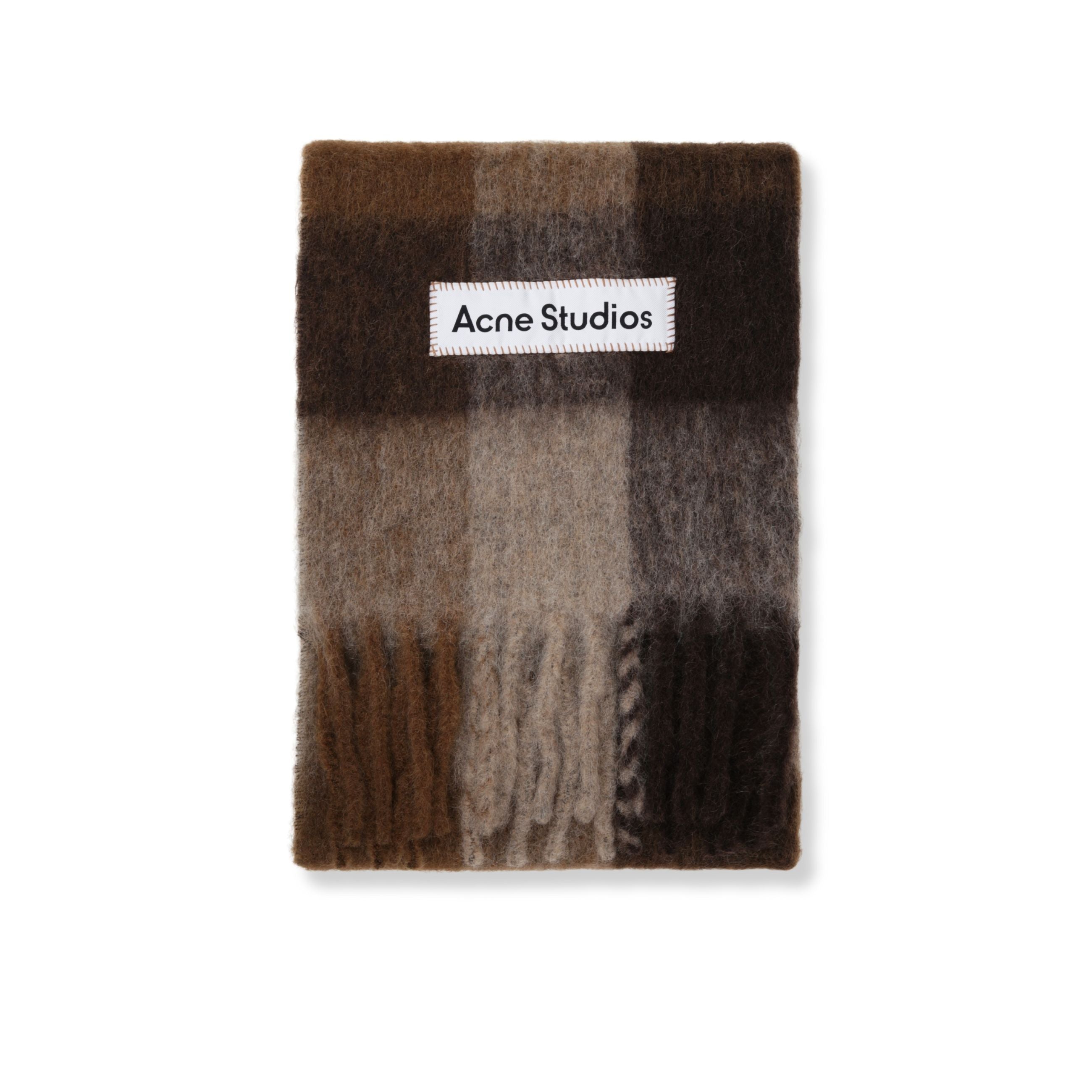Sciarpa in lana acne studios. motivo a quadri. orlo con frange. logo del brand applicato.