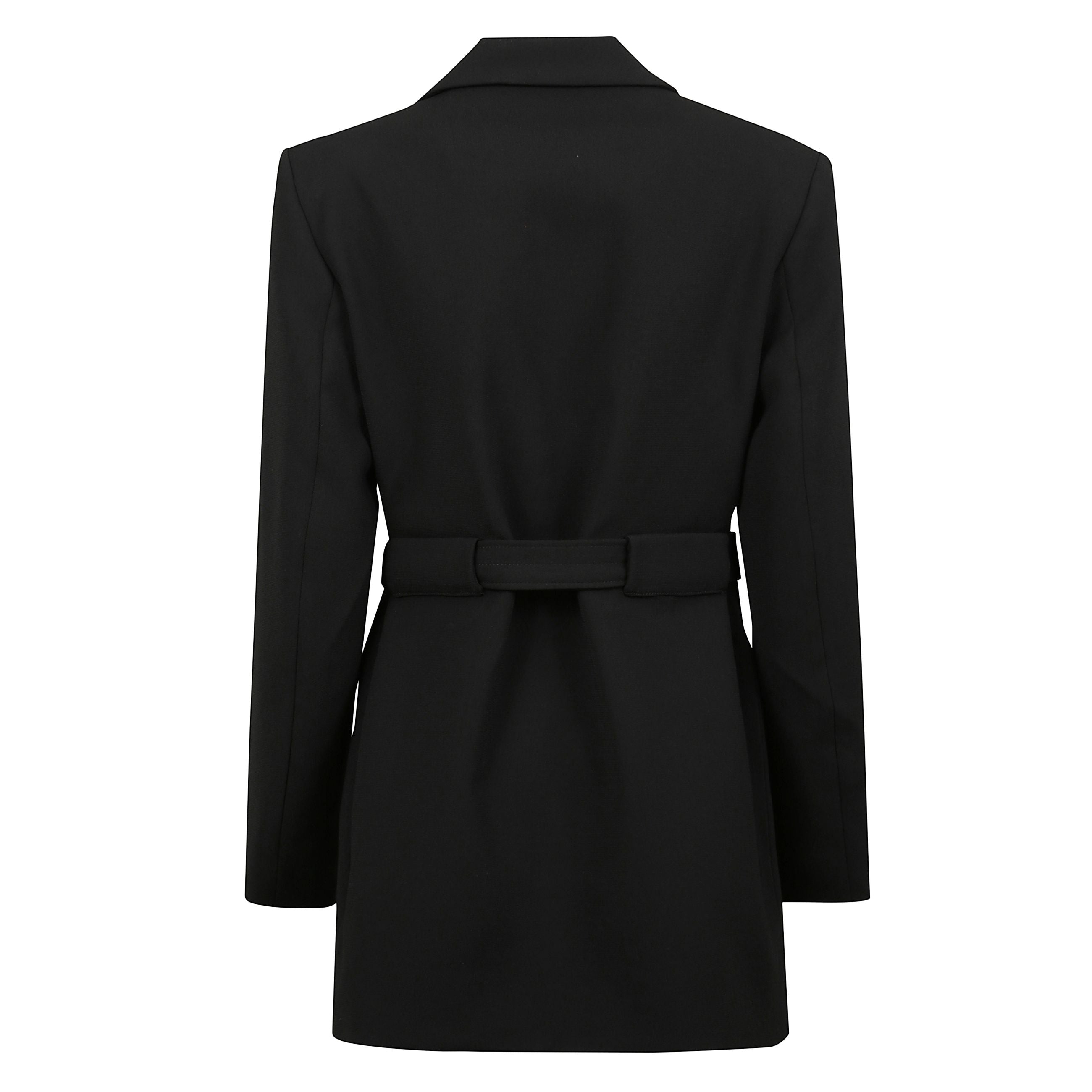 Bonded crepe blazer presenta tasche decorative e una cintura rimovibile e regolabile con doppio occhiello.