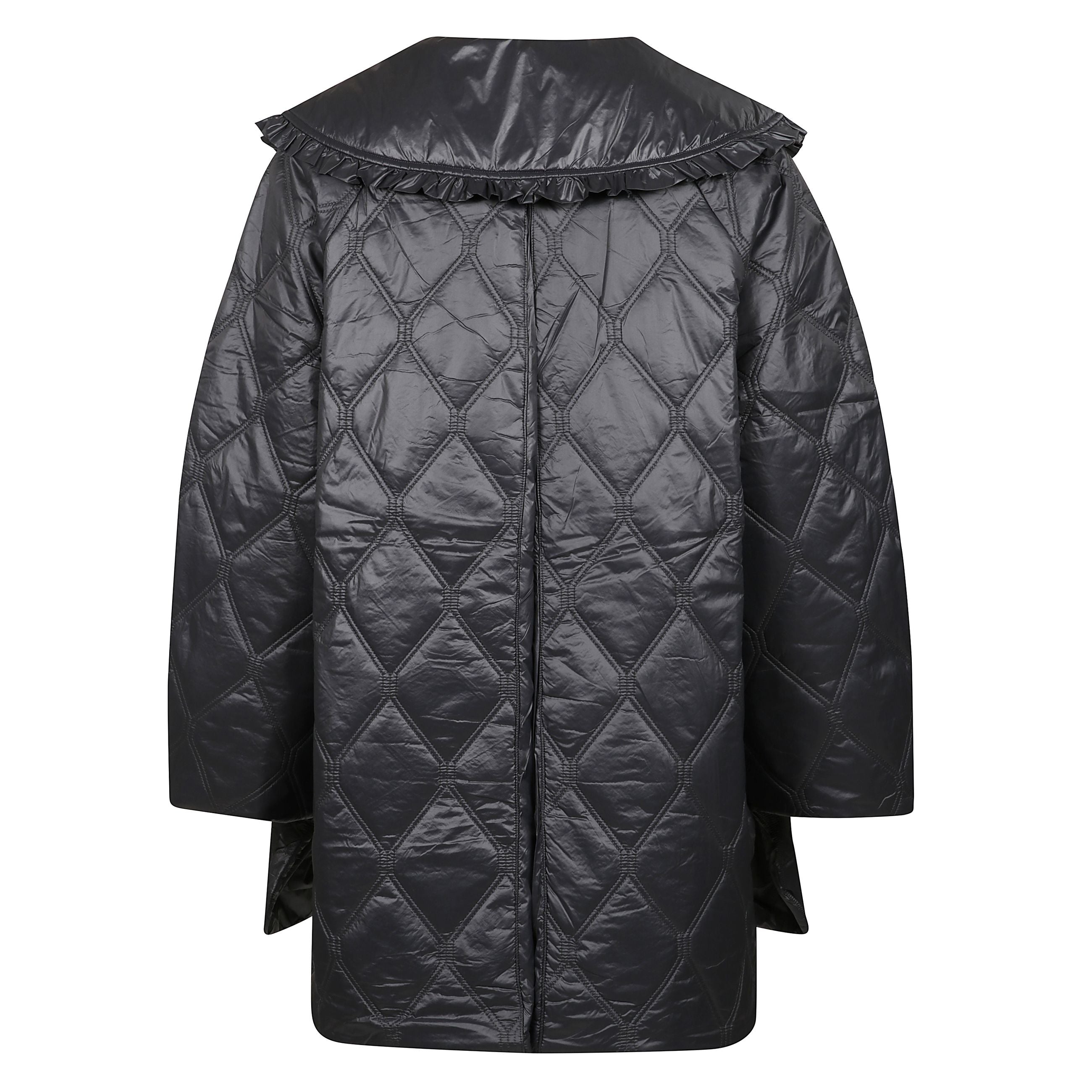 Piumino imbottito trapuntato a diamante blu-grigio con chiusura frontale con zip e 
cappuccio ampio a maniche lunghe