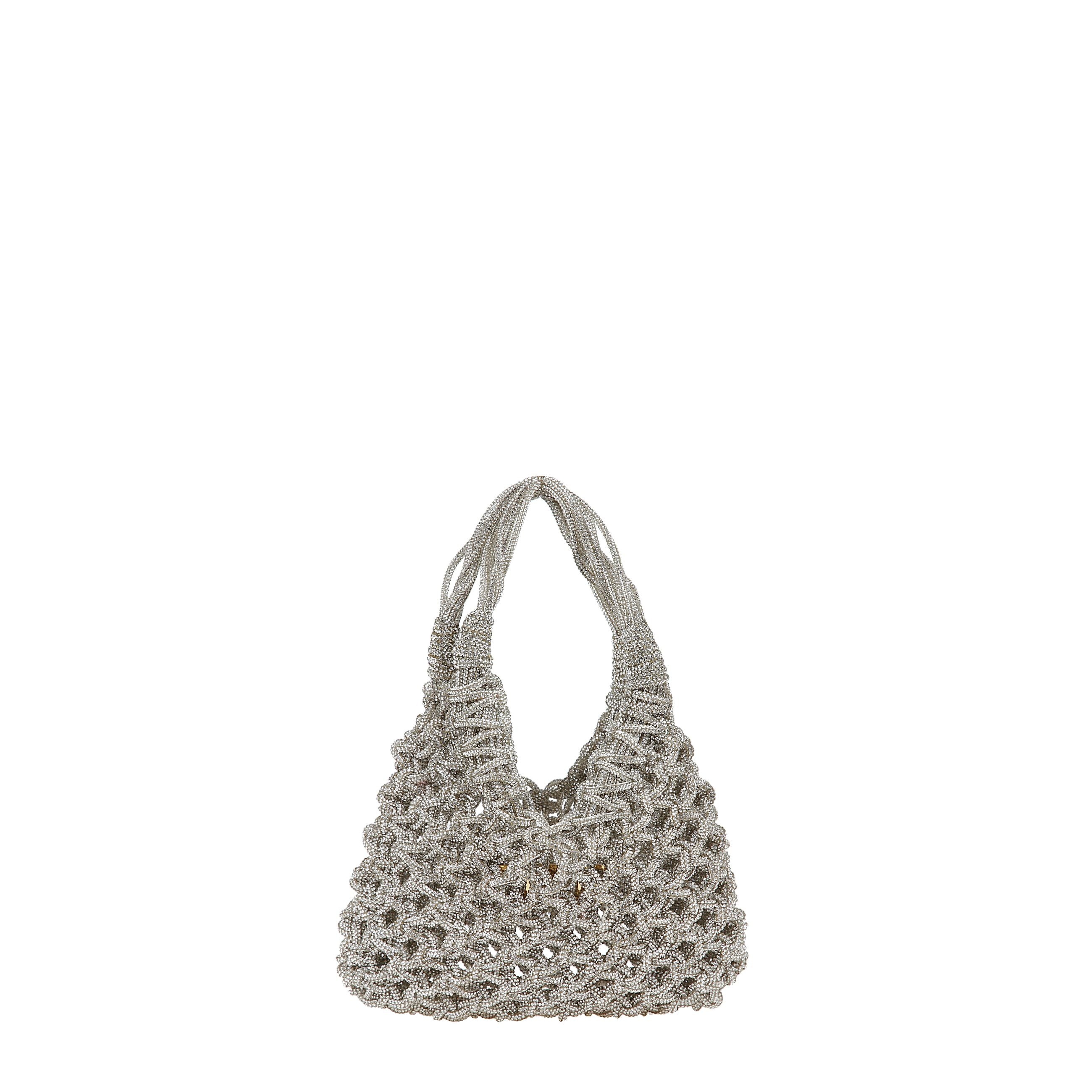 Borsa a mano tempestata di cristalli dal design senza fodera con parte superiore aperta e due manici