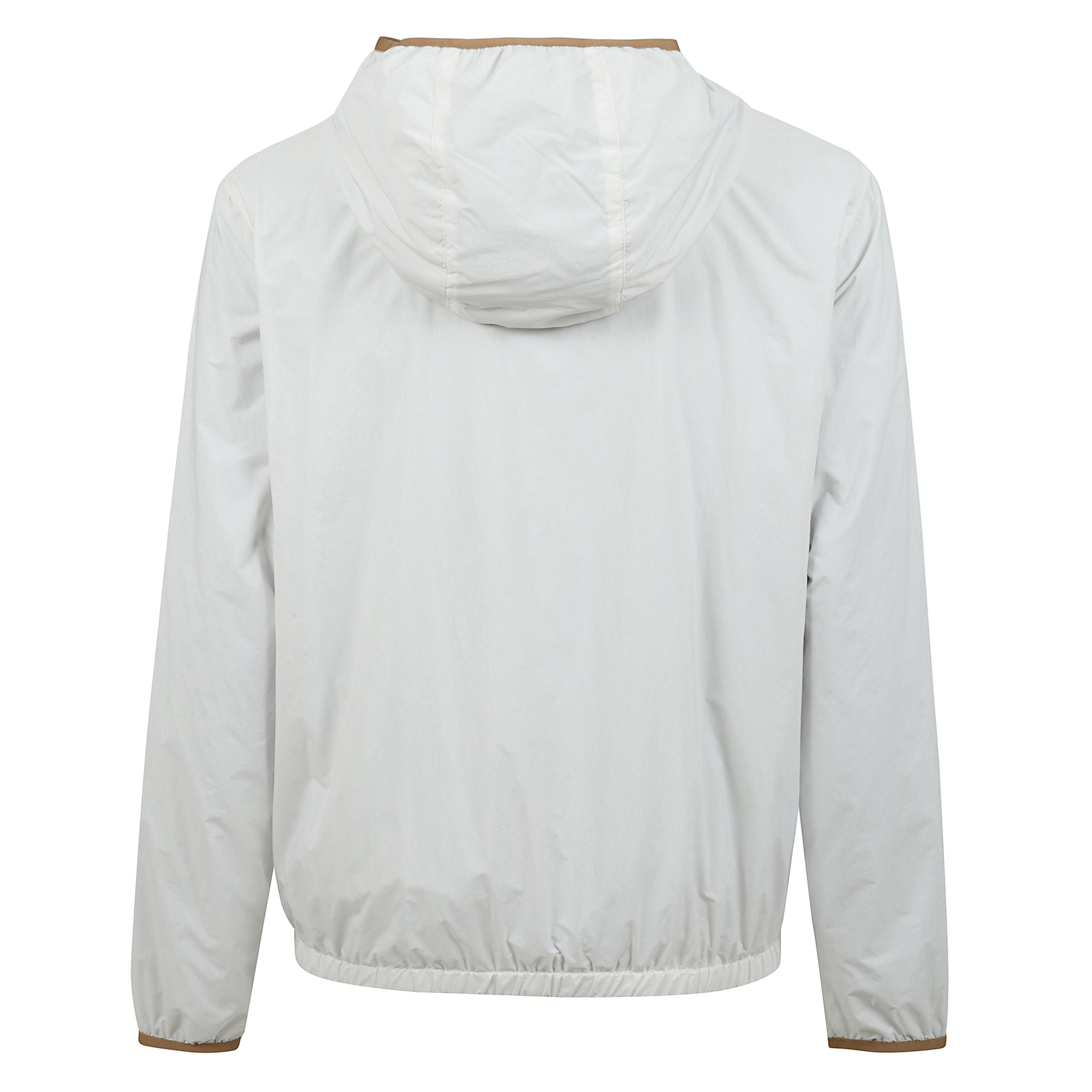 Giacca a vento, chiusura frontale con zip, cappuccio, due tasche laterali a filetto e applicazione sulla manica con logo