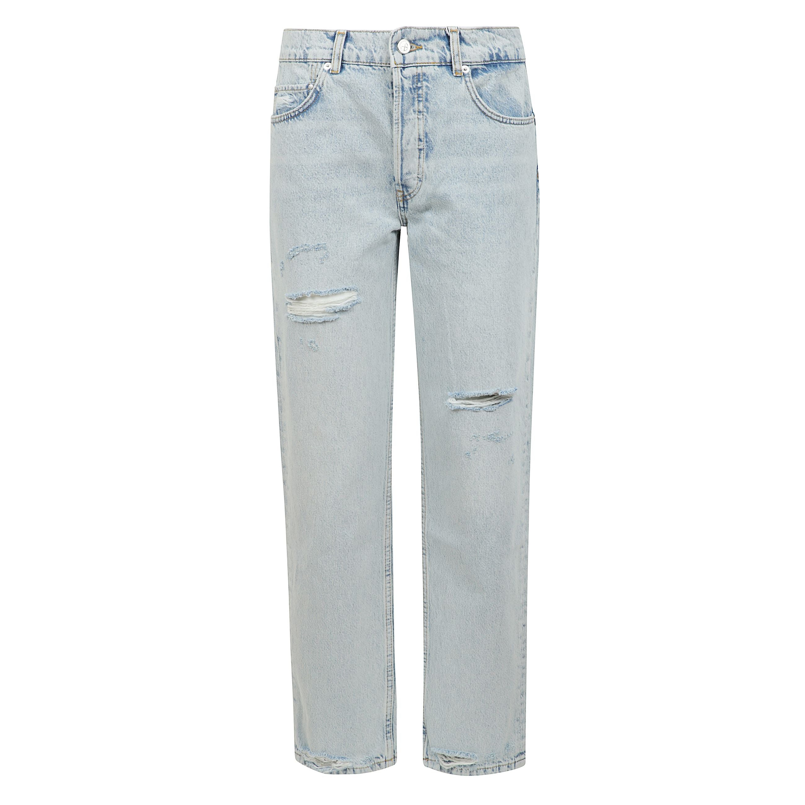 Jeans anine bing modello kate color azzurro realizzato in denim di cotone destrutturato con strappi. silhouette a gamba dritta con vita media e orlo filo vivo alla caviglia.