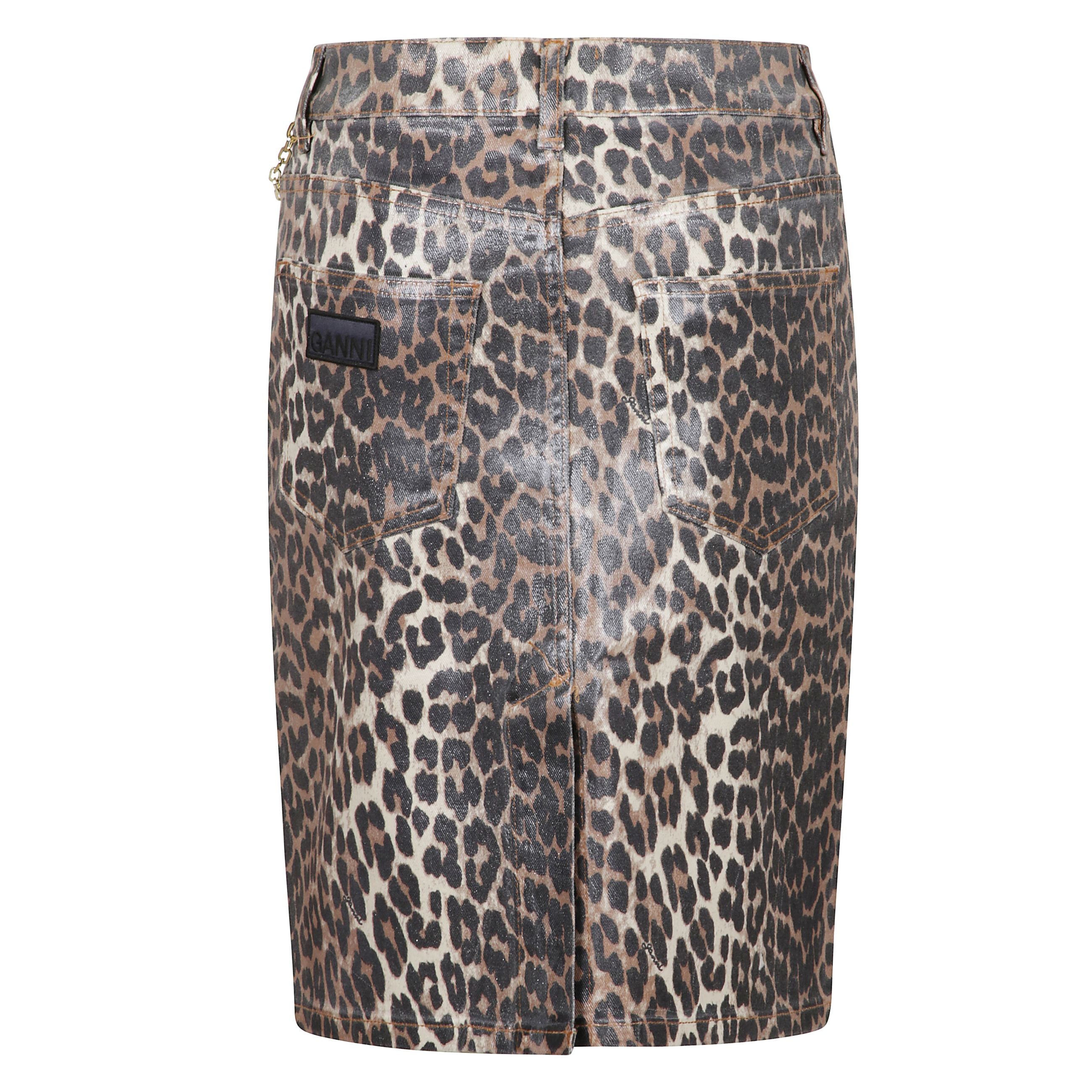 Gonna in denim con stampa leopardata a 5 tasche e logo ganni sulla tasca posteriore