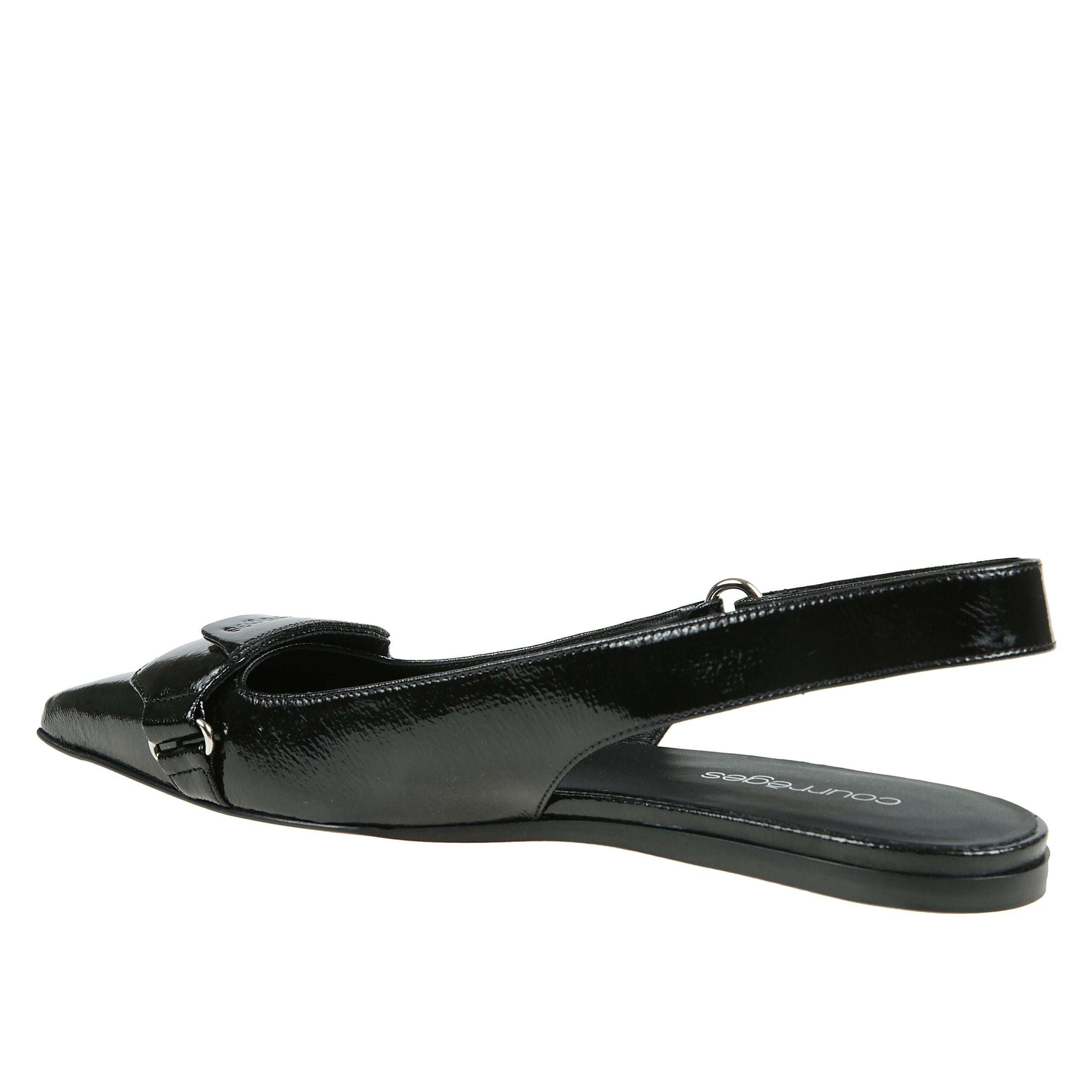 Ballerine racer nere a punta con cinturino posteriore e placca con logo inciso color argento.