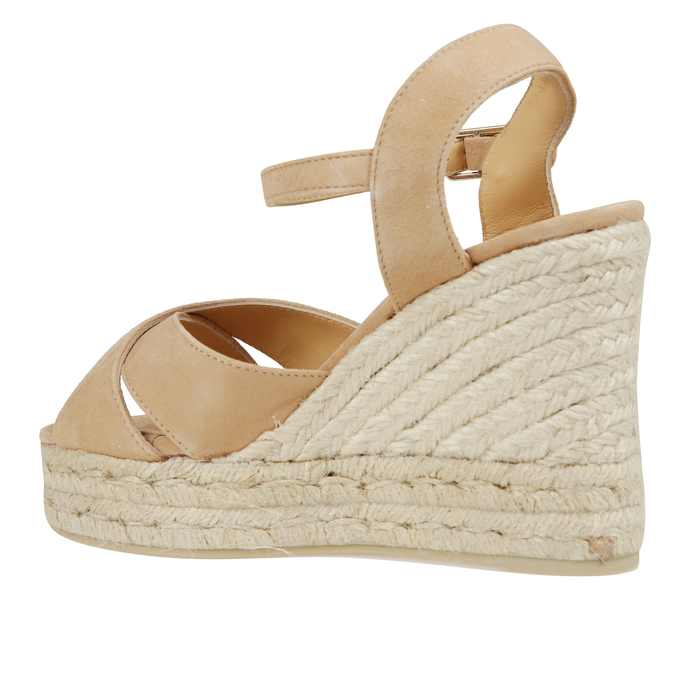 Sandalo blaudell in suede con chiusura a cinturino, soletta imbottita e zeppa in juta con doppio plateau.