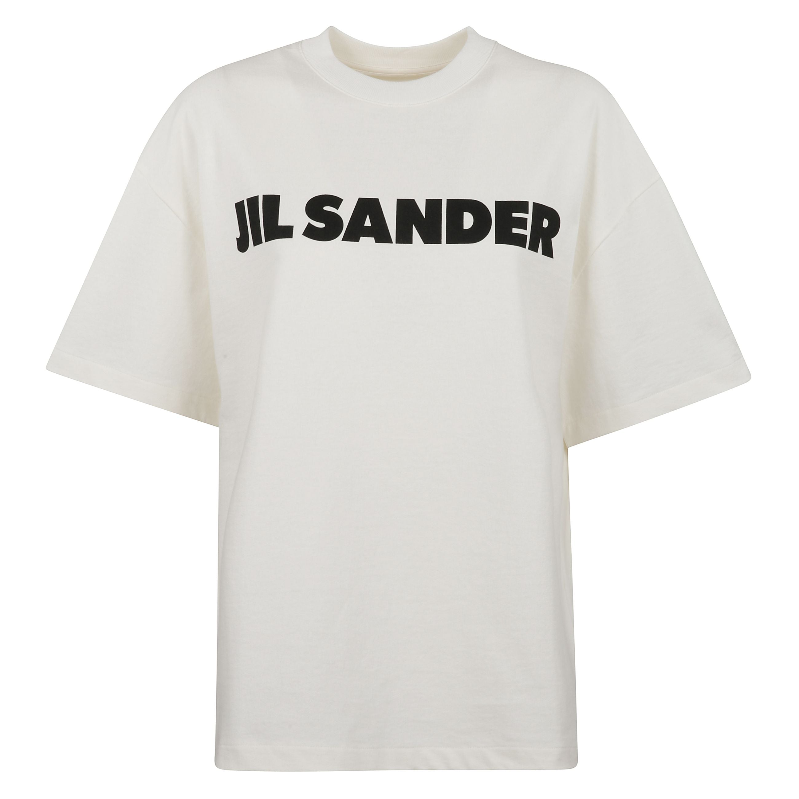 T-shirt bianca a girocollo con stampa logo sul petto nera in cotone
