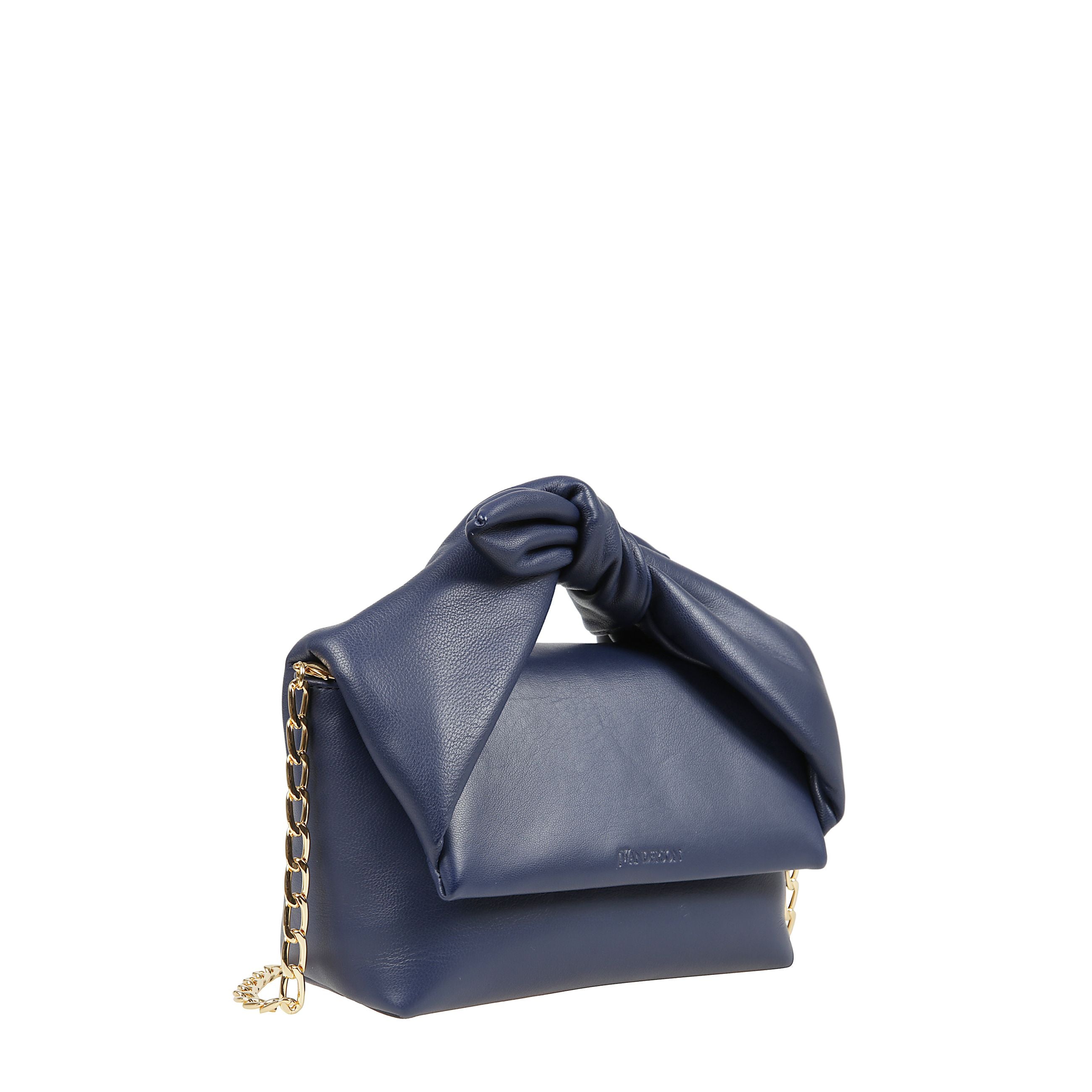 Bow midi twister bag 
 borsa in pelle liscia, manico morbido ritorto, logo in rilievo sul davanti con catena a tracolla in oro staccabile e chiusura a patta magnetica