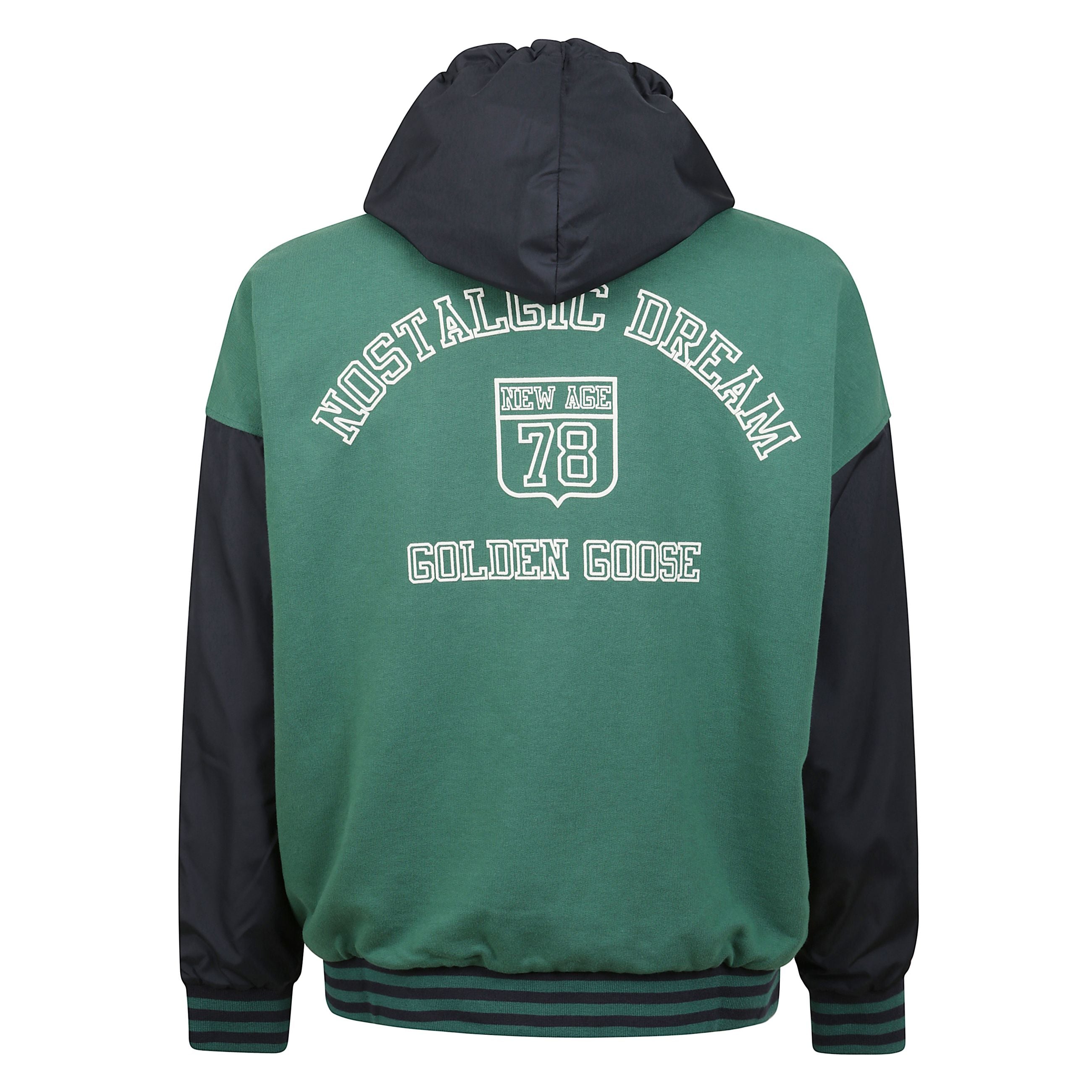 Felpa da uomo con cappuccio reversibile di color verde e blu.