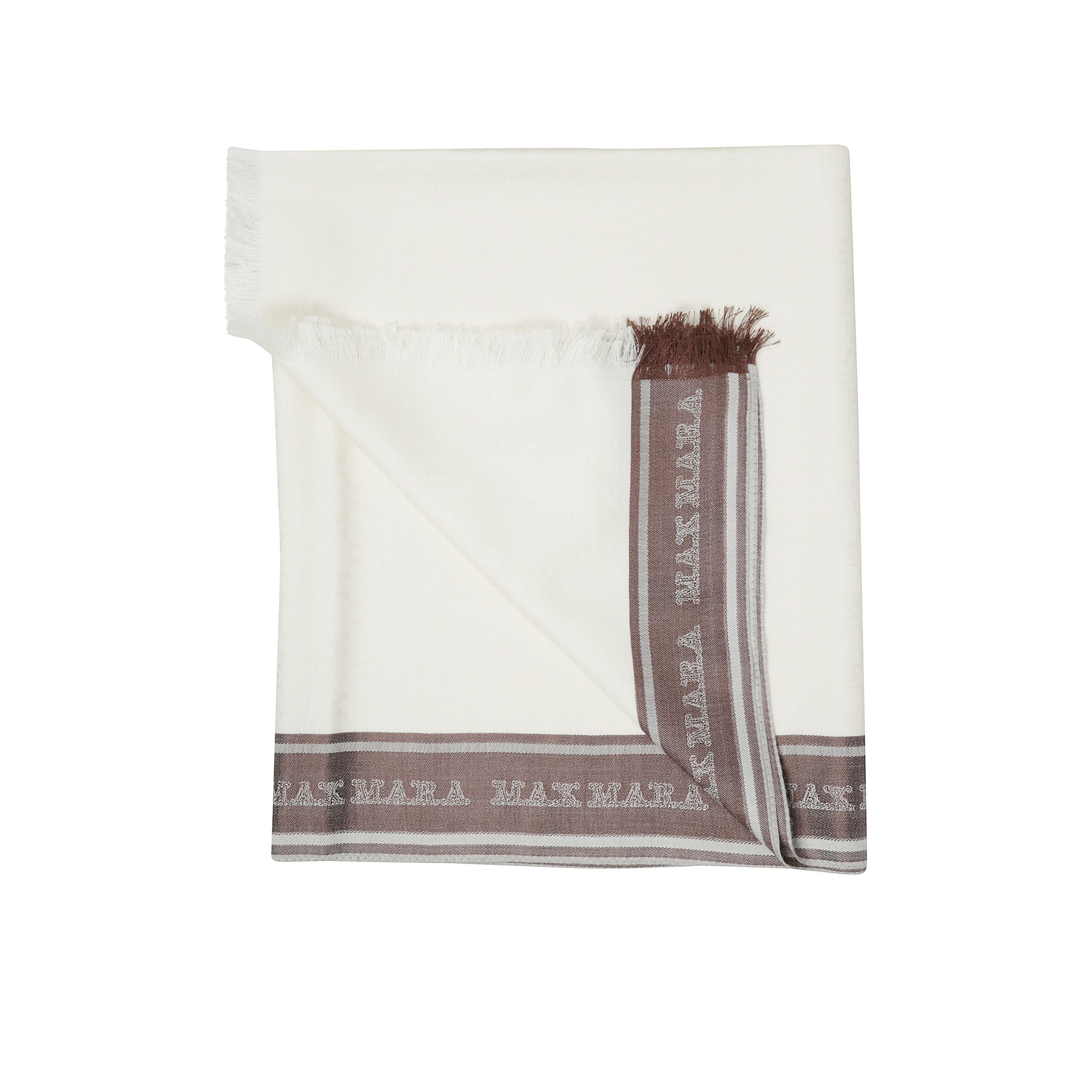 Stola realizzata in una combinazione di seta, cachemire e lana. rifinita con motivo di bande laterali a contrasto e lettering max mara jacquard