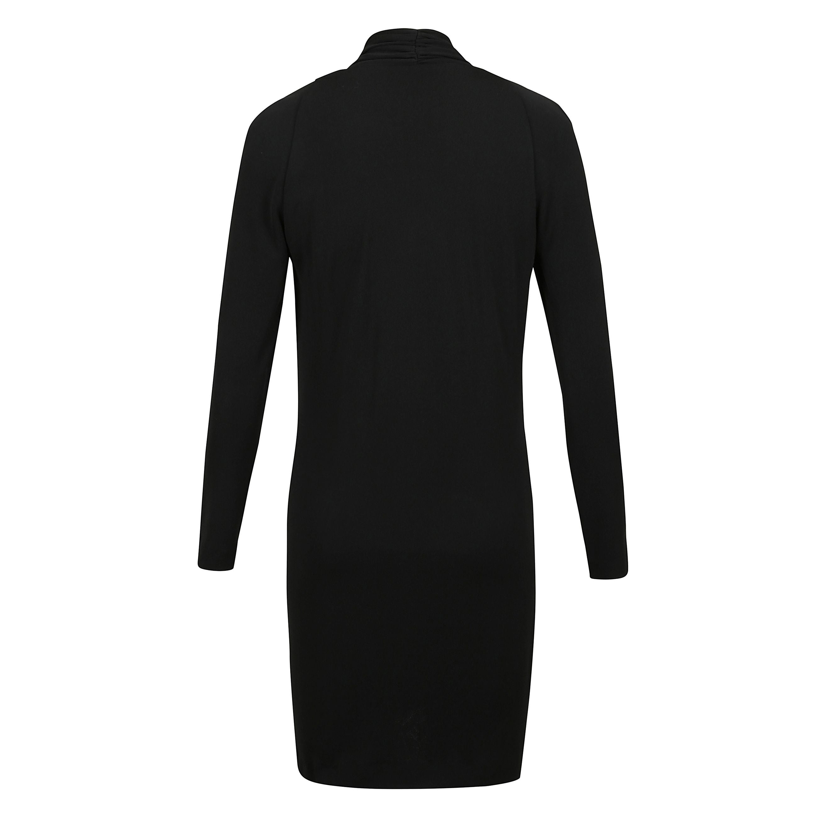 Abito corto drappeggiato, scollo a v
e placca color oro con logo inciso